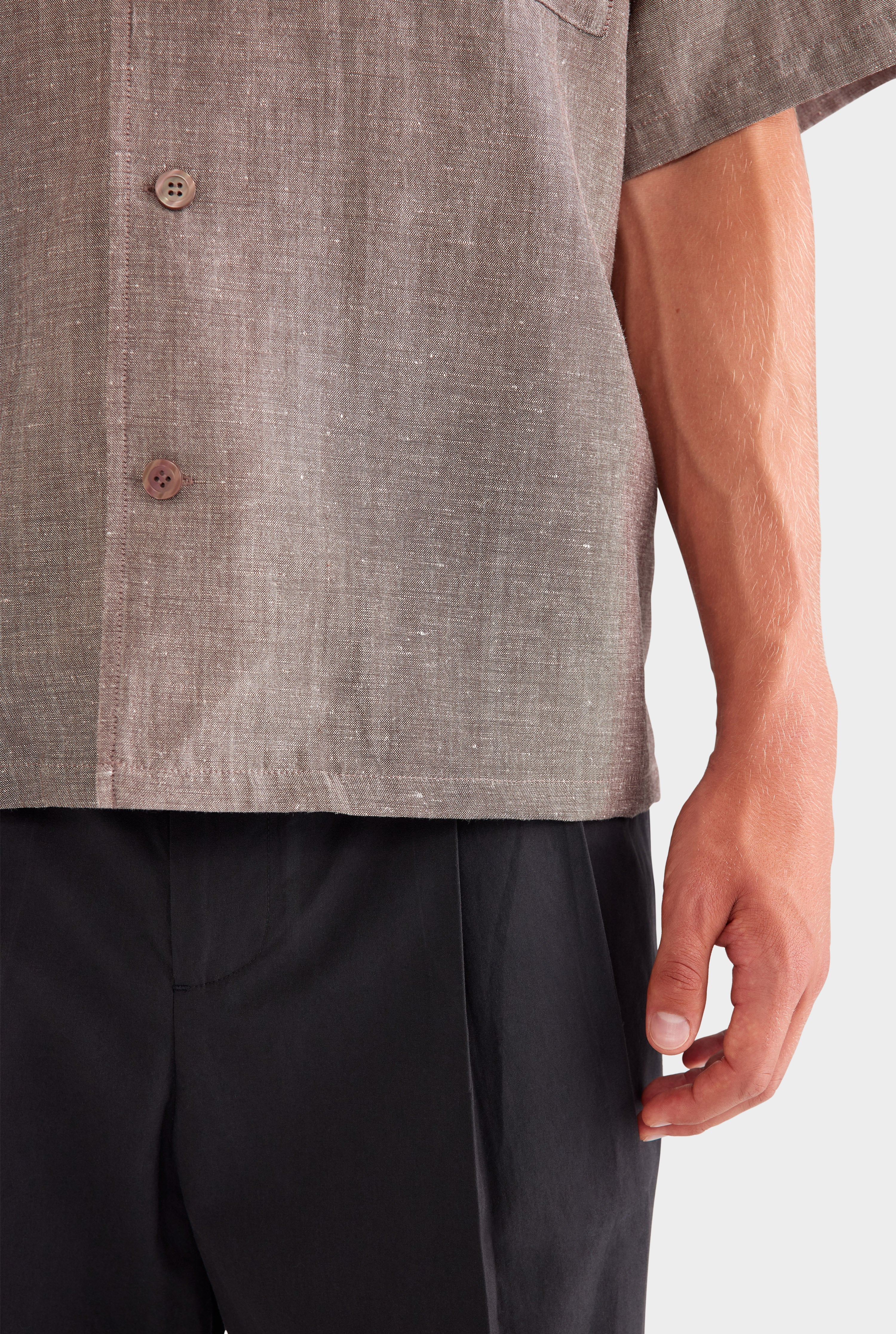 Oversized Wool Linen Short Sleeve Shirt - Brown