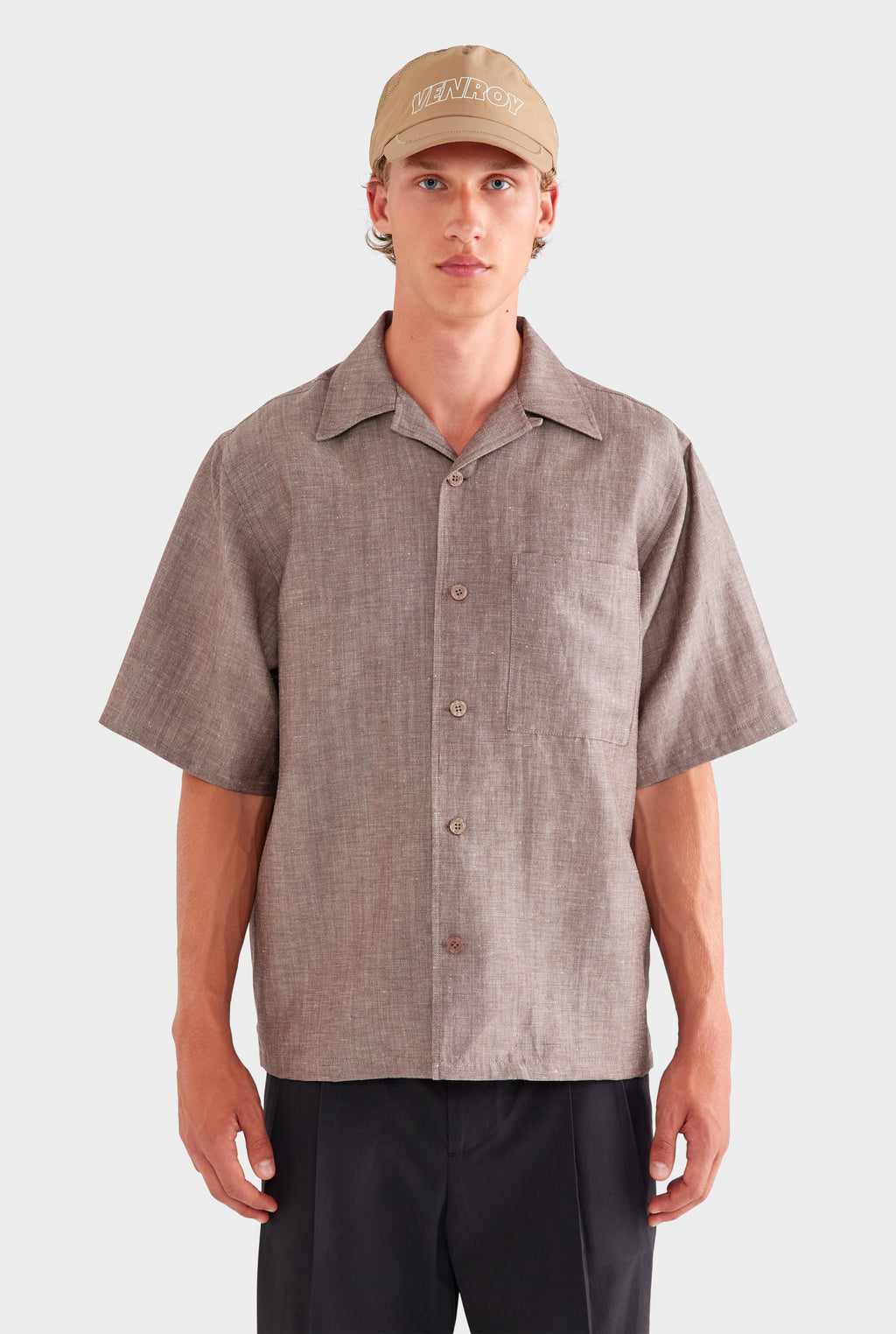 Oversized Wool Linen Short Sleeve Shirt - Brown