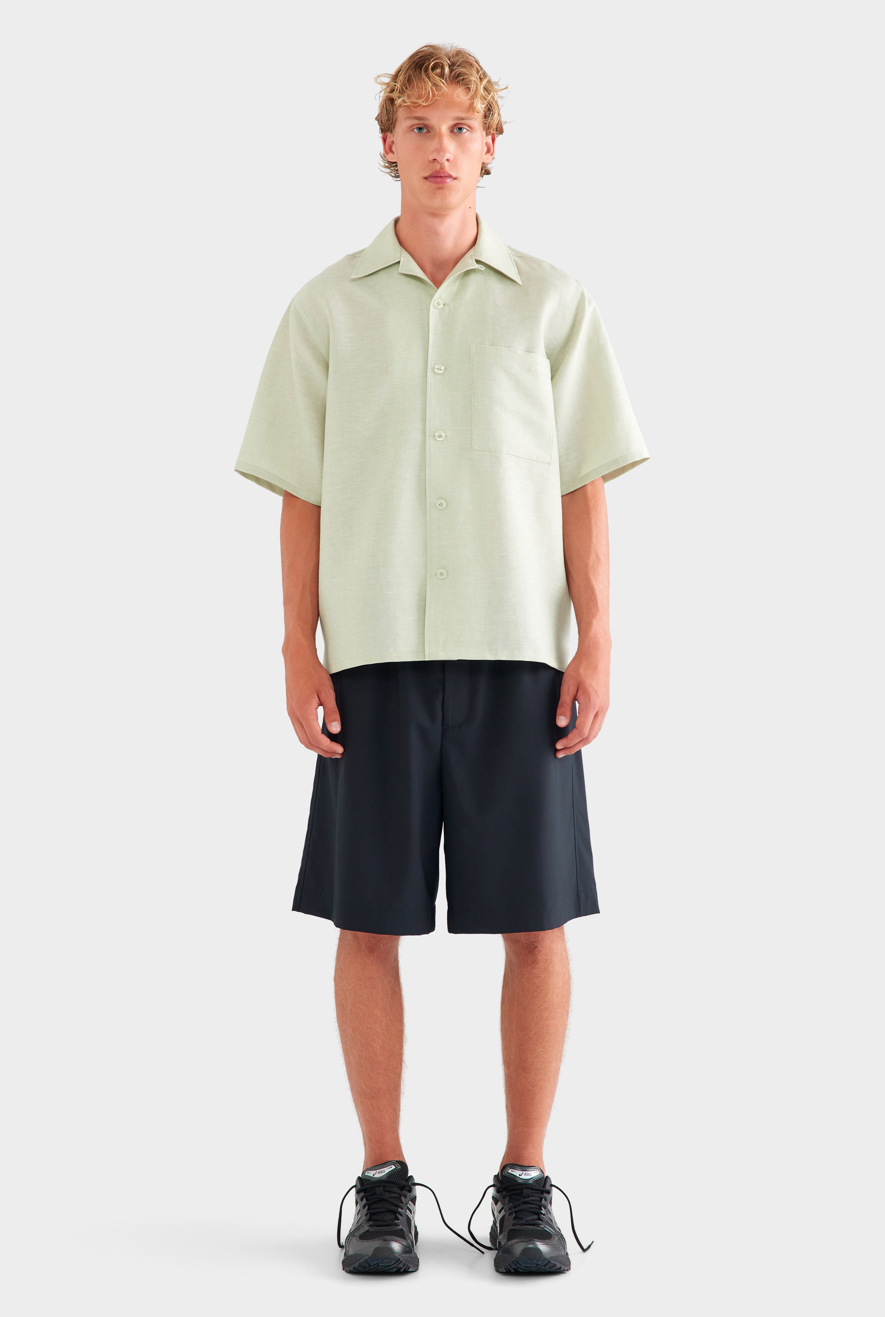 Oversized Wool Linen Short Sleeve Shirt - Pale Pistachio