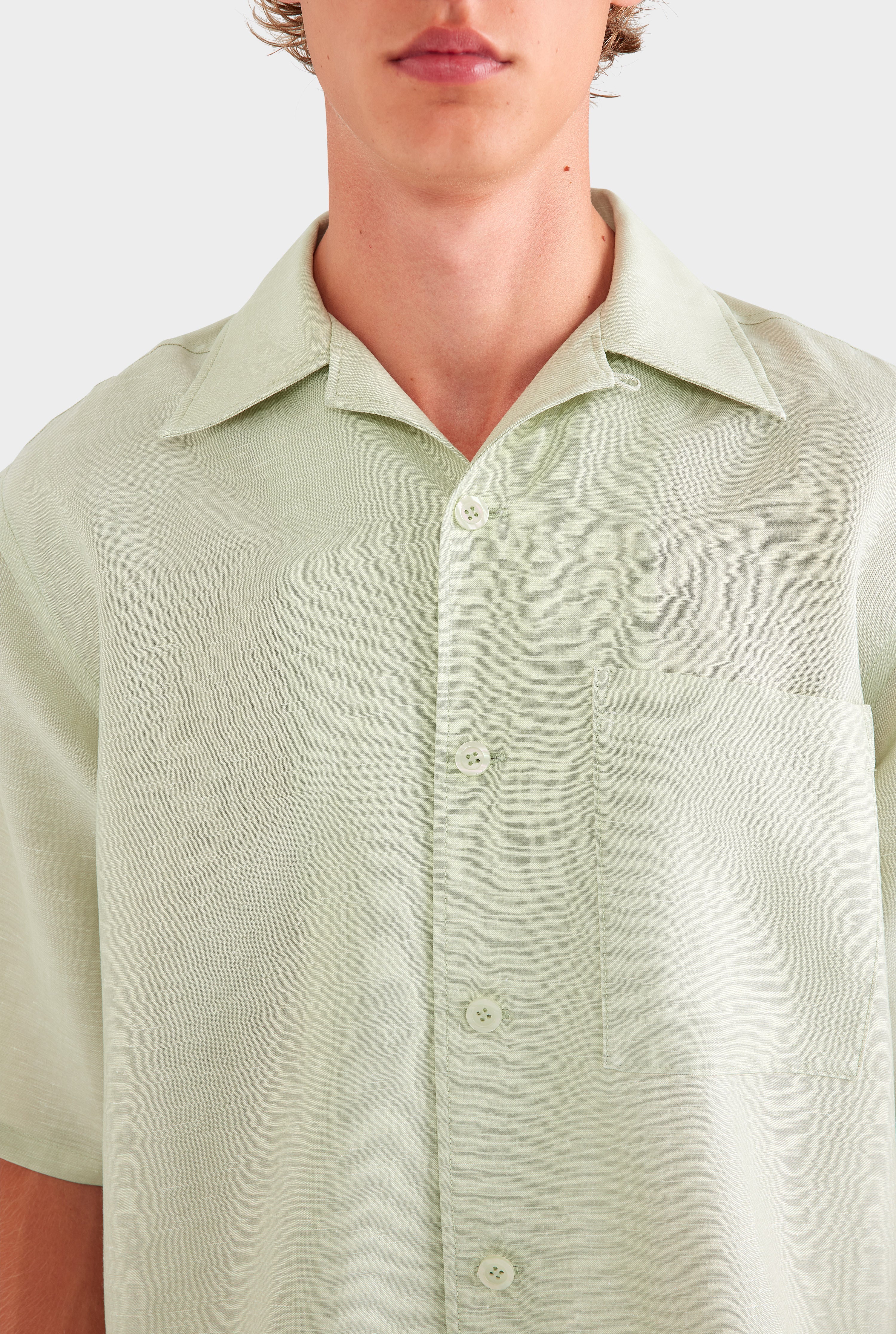 Oversized Wool Linen Short Sleeve Shirt - Pale Pistachio