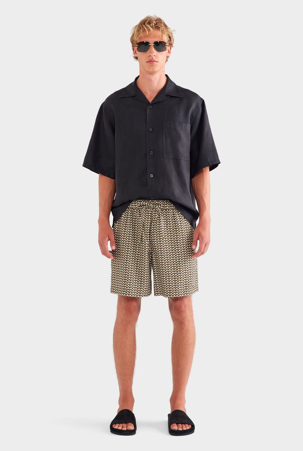 Relaxed Tencel Short - Cream/Black/Olive V Monogram