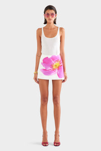Beaded Silk Mini Skirt - Off White/Fuchsia Flower