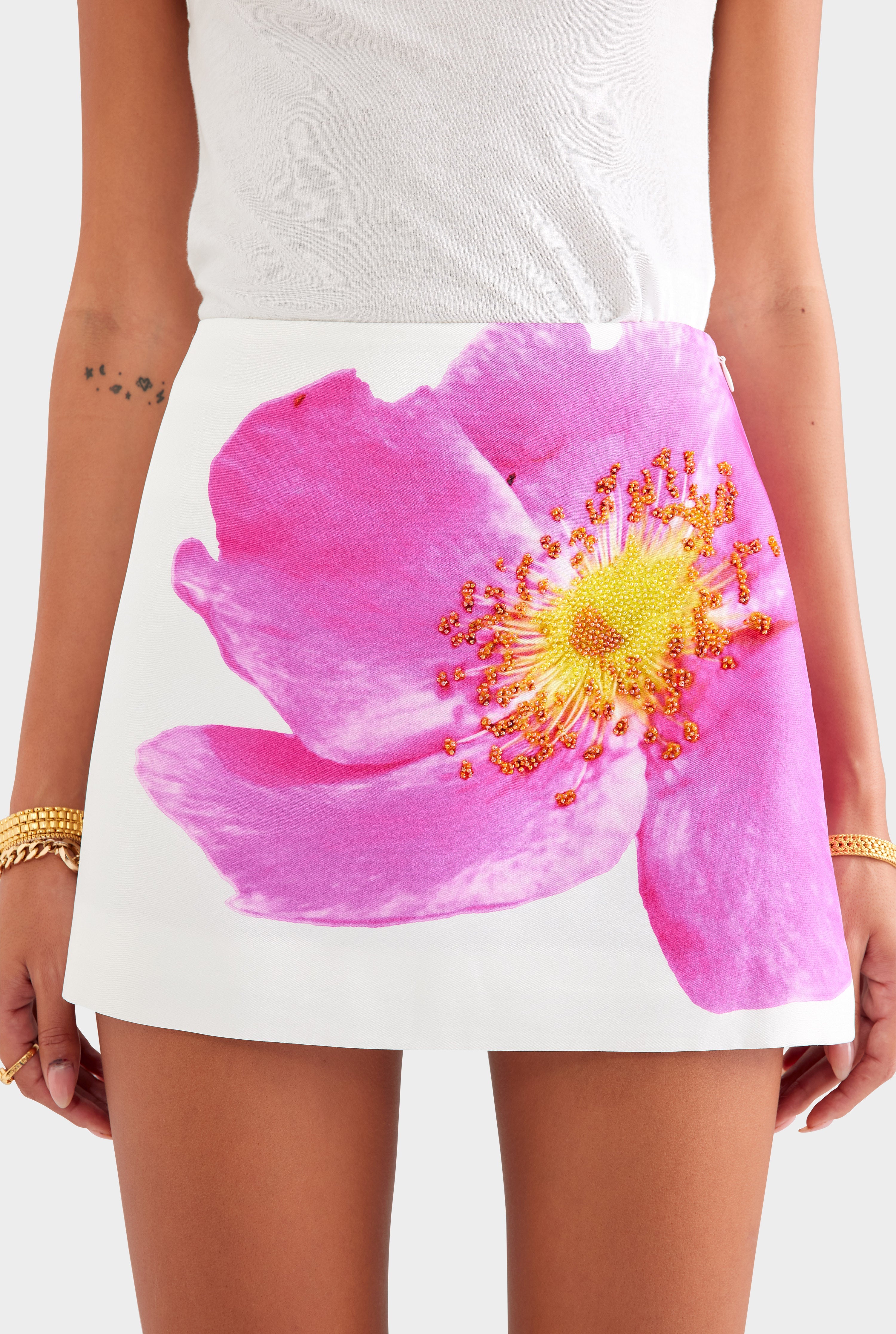 Beaded Silk Mini Skirt - Off White/Fuchsia Flower