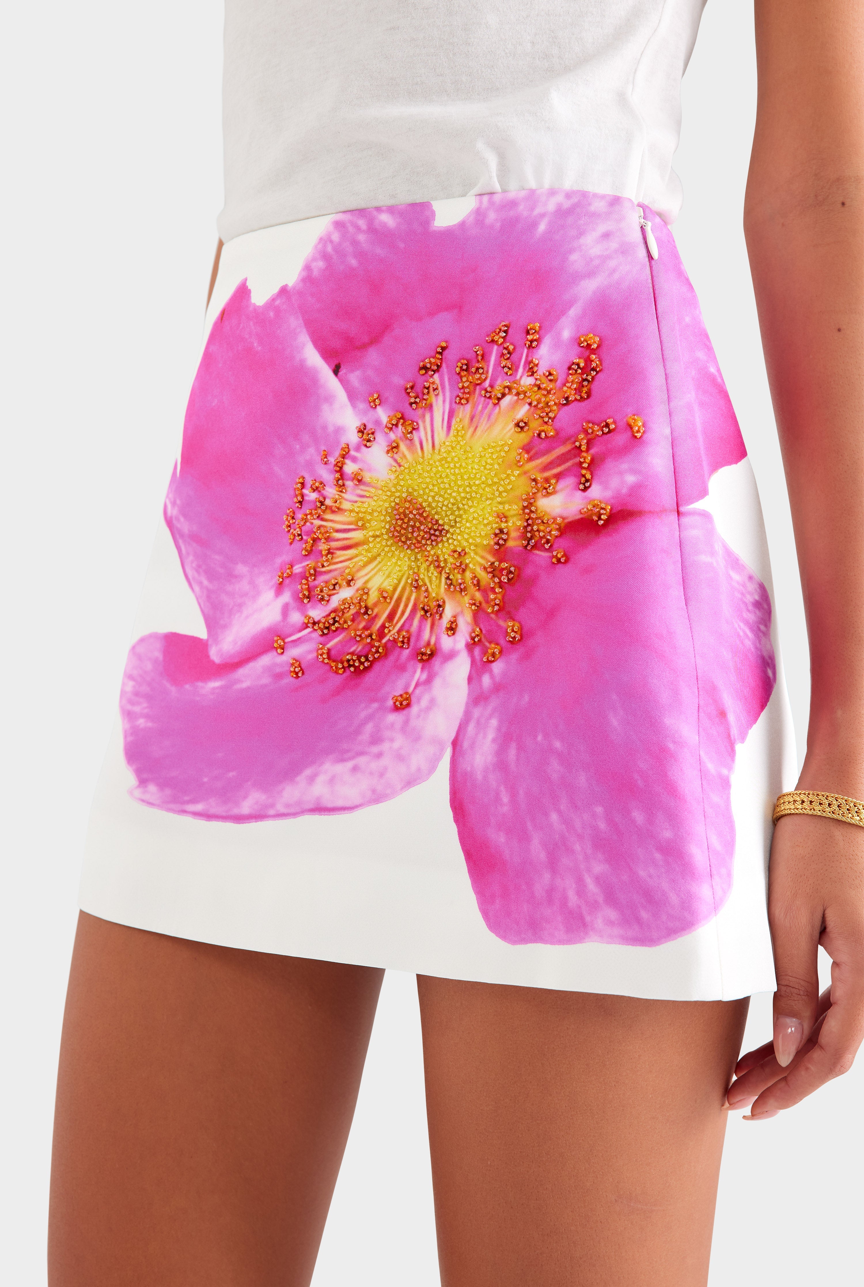 Beaded Silk Mini Skirt - Off White/Fuchsia Flower