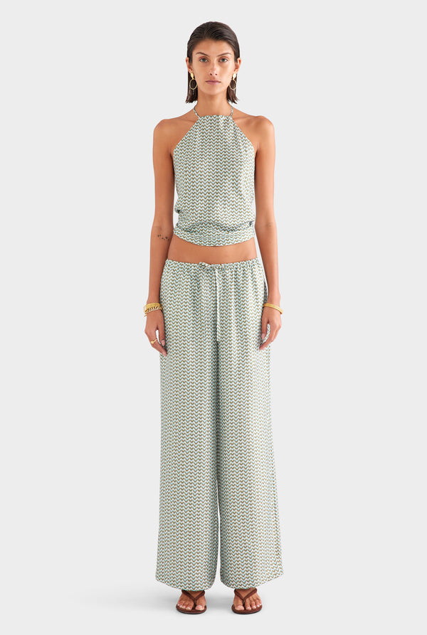 Silk Scarf Halter Top - Cream/Blue/Olive V Monogram