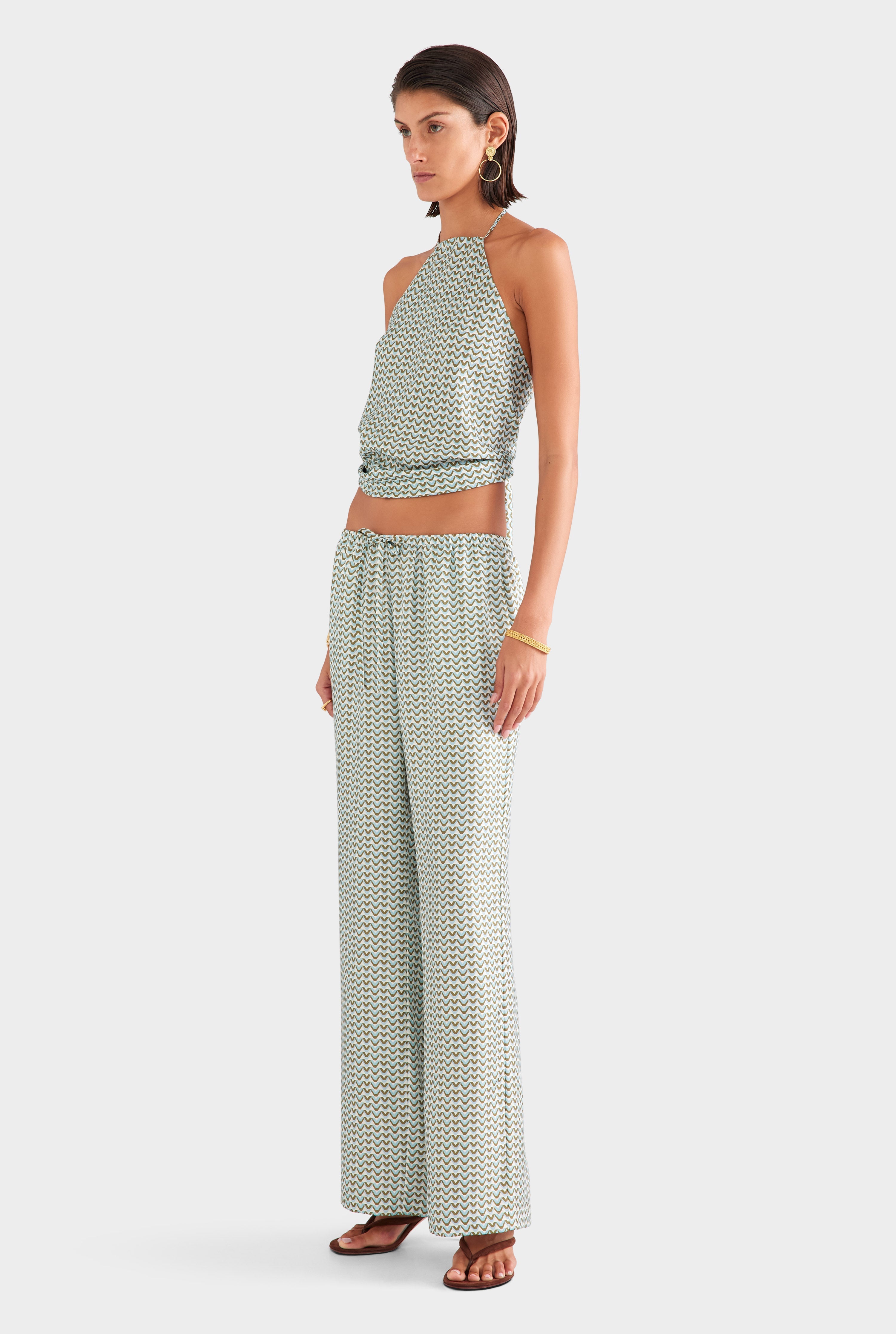 Silk Scarf Halter Top - Cream/Blue/Olive V Monogram