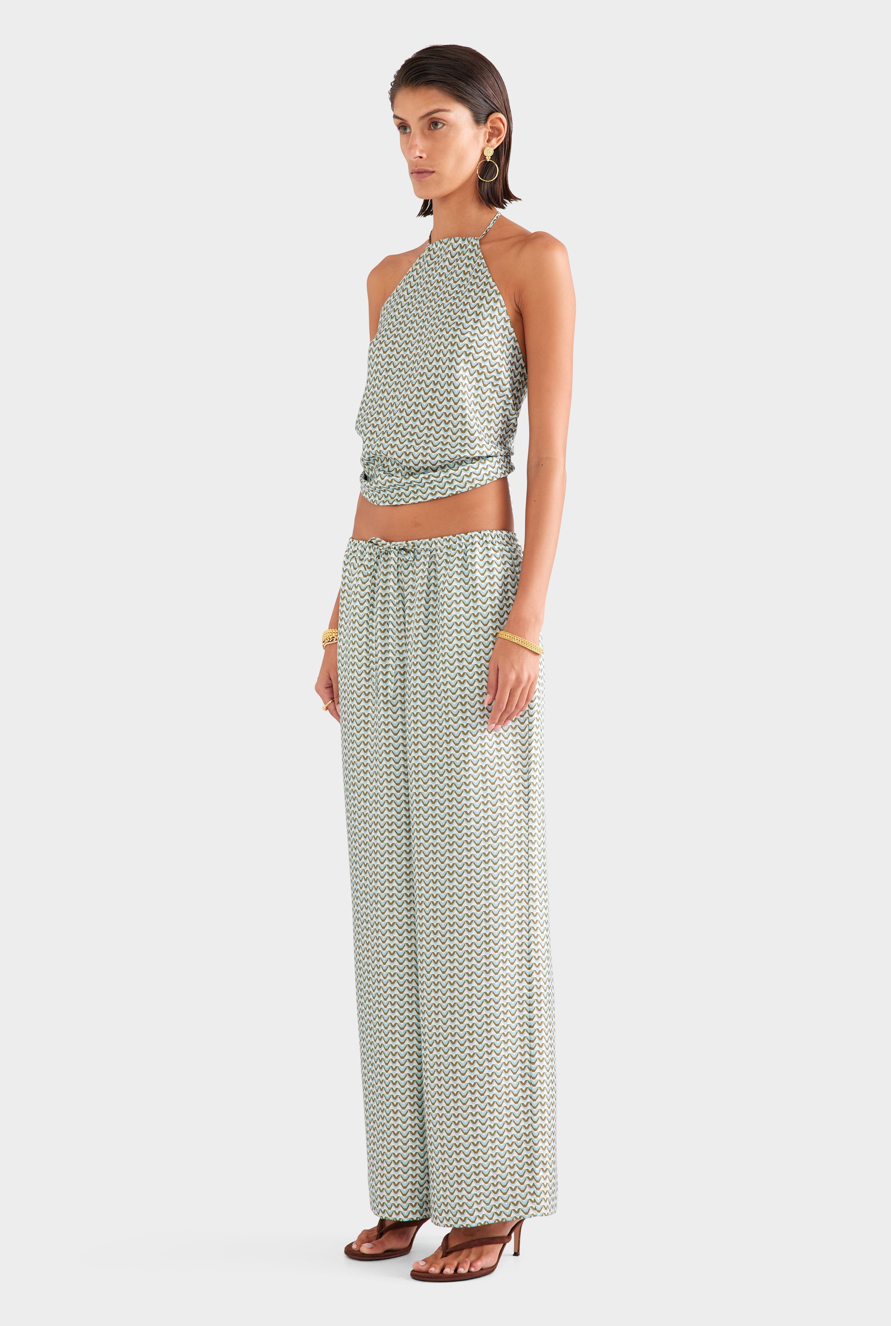 Relaxed Silk Drawstring Pant - Cream/Blue/Olive V Monogram