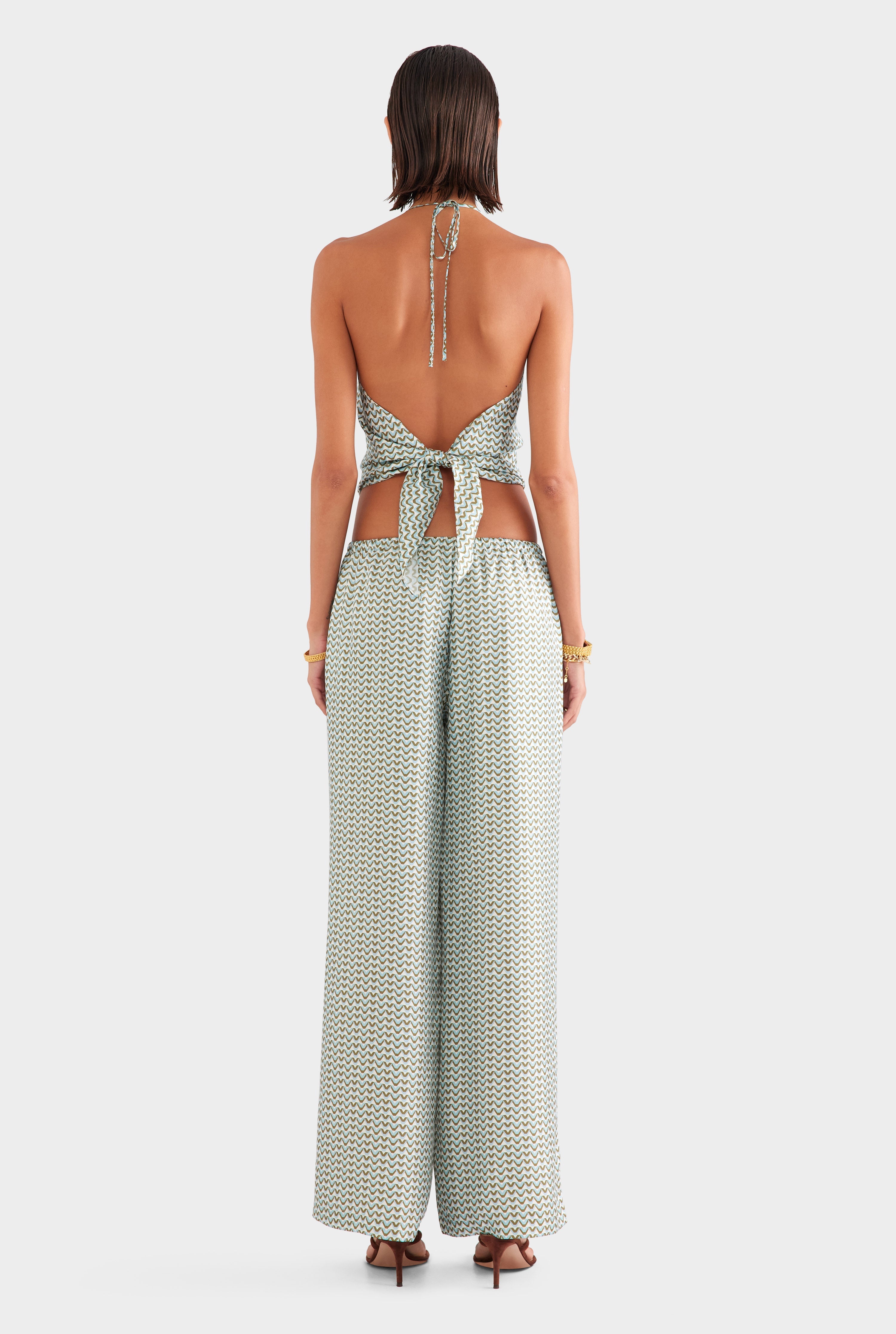 Silk Scarf Halter Top - Cream/Blue/Olive V Monogram