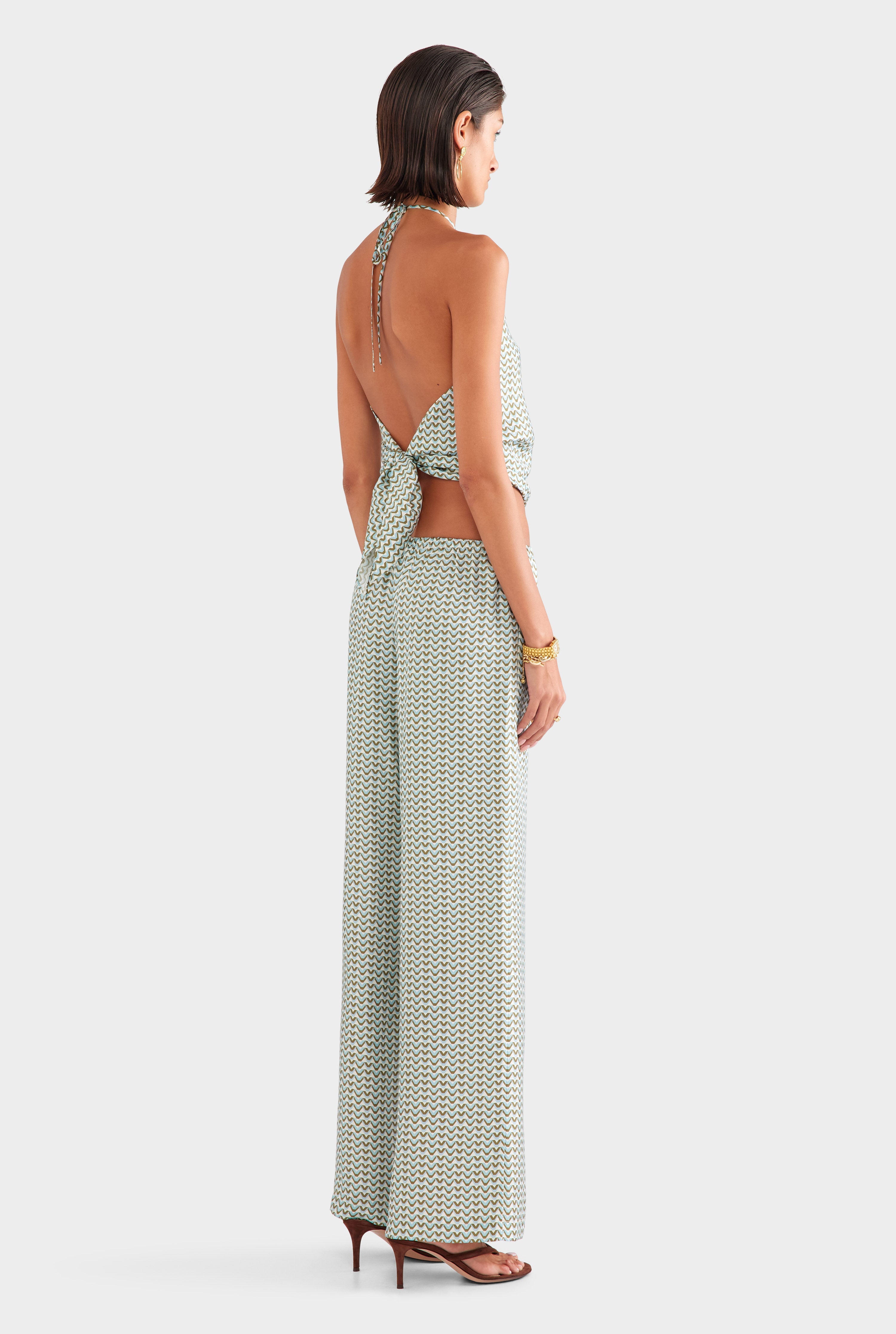 Relaxed Silk Drawstring Pant - Cream/Blue/Olive V Monogram