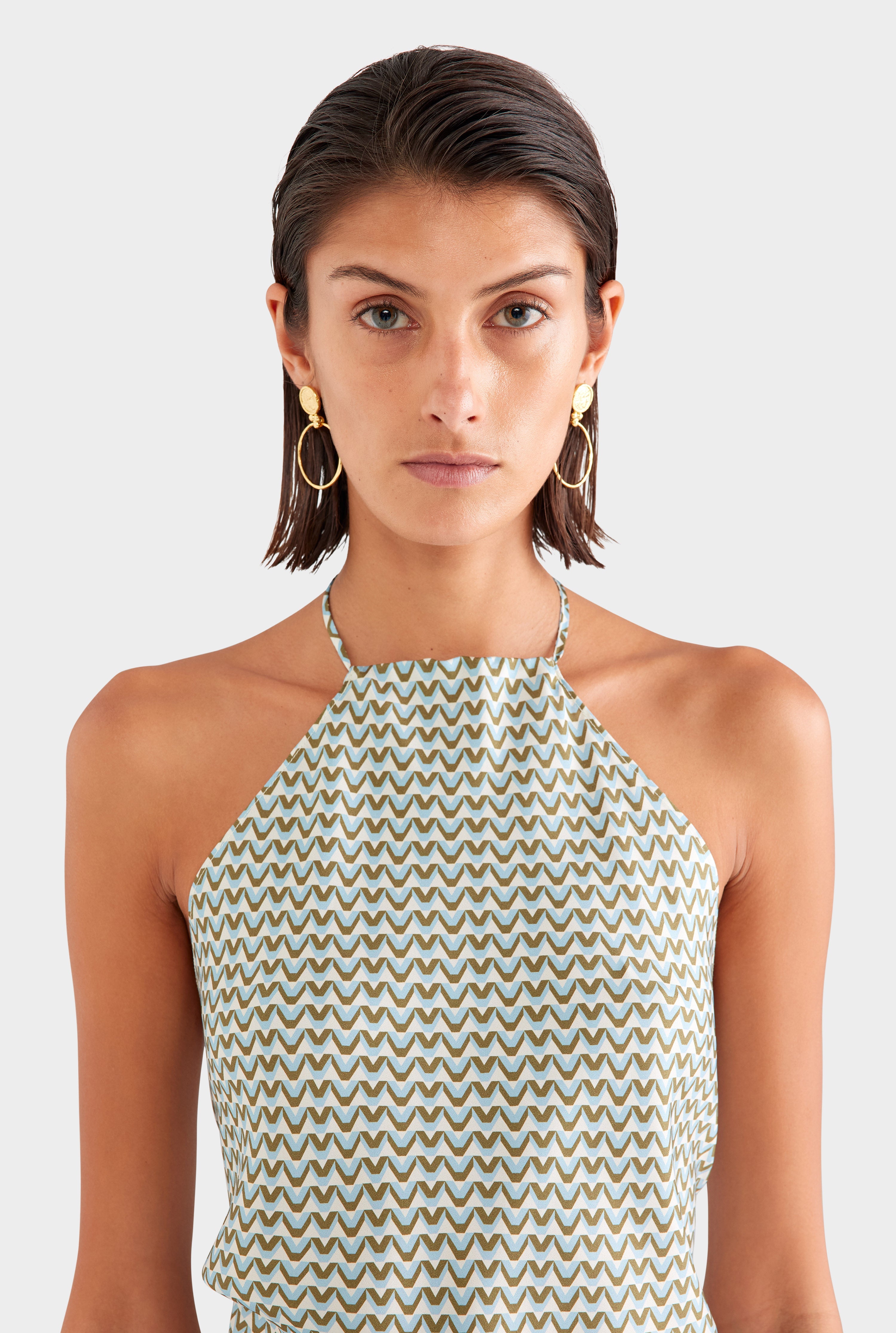 Silk Scarf Halter Top - Cream/Blue/Olive V Monogram