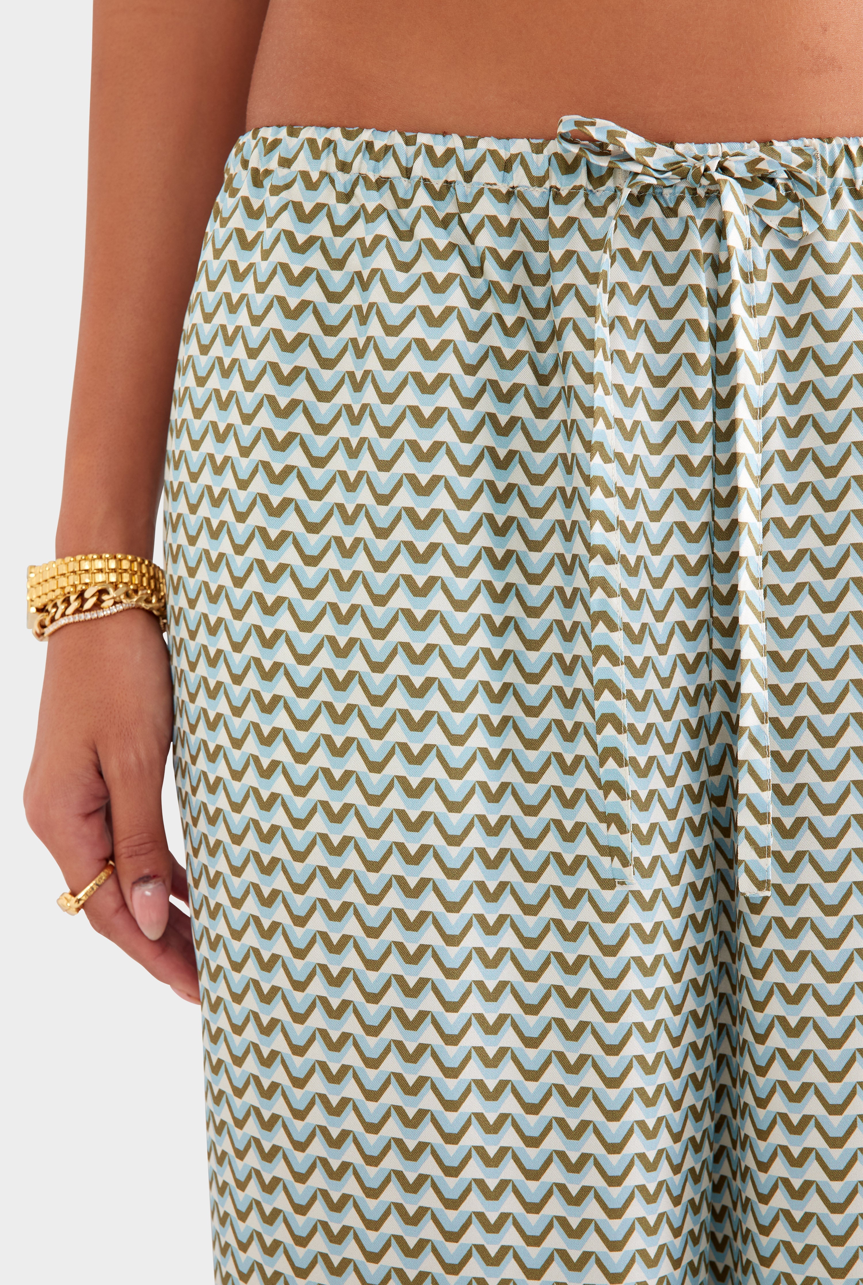 Relaxed Silk Drawstring Pant - Cream/Blue/Olive V Monogram