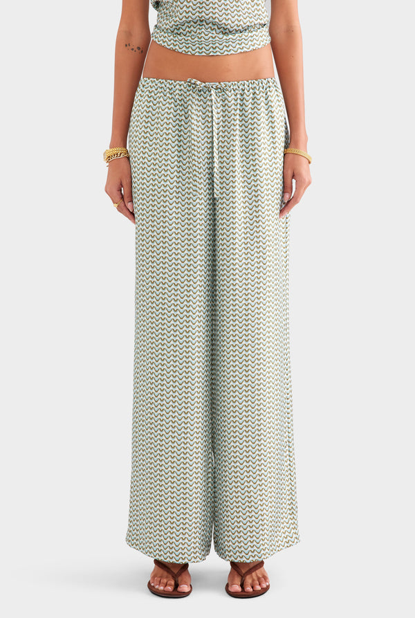 Relaxed Silk Drawstring Pant - Cream/Blue/Olive V Monogram