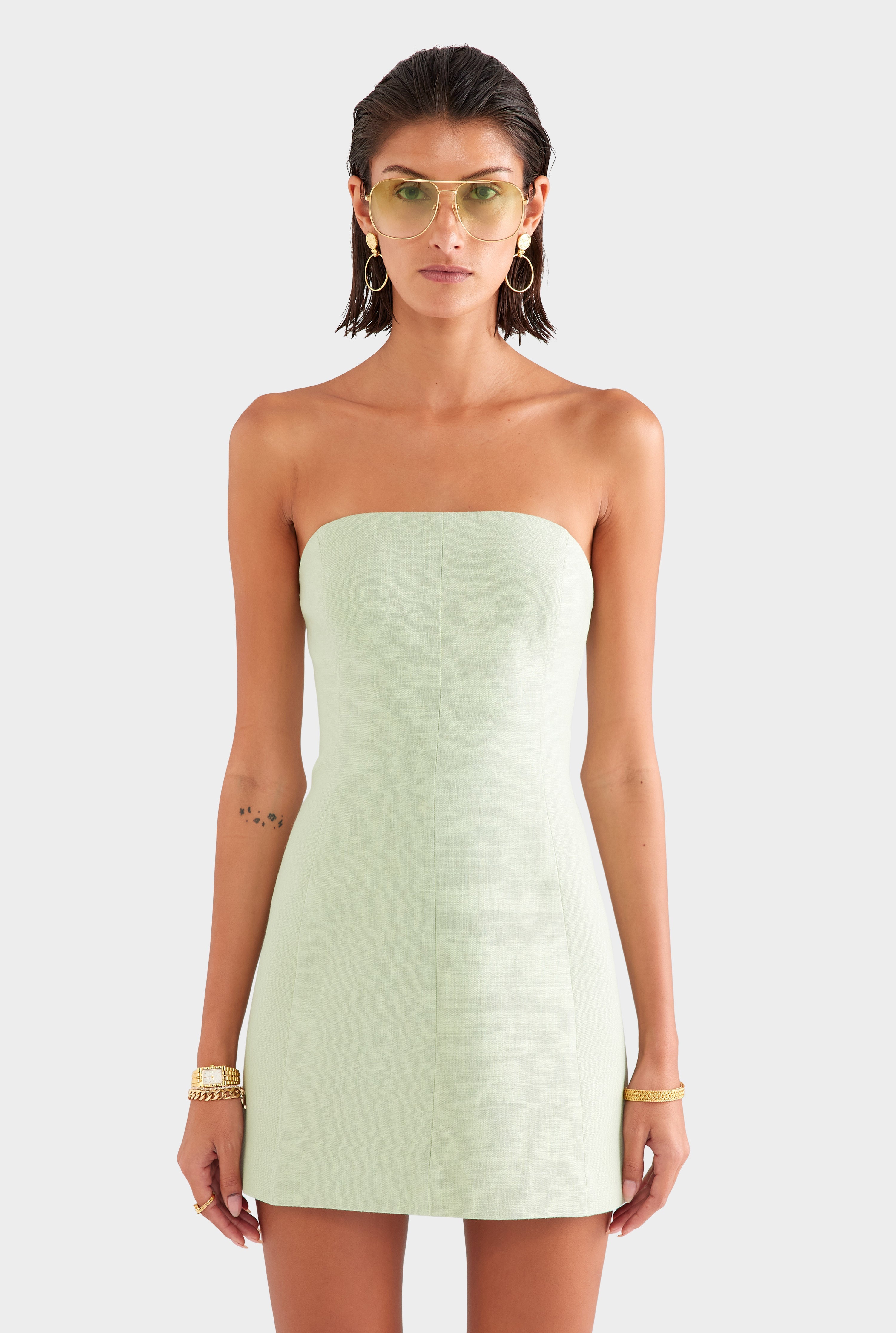 Strapless Linen Mini Dress - Pale Pistachio
