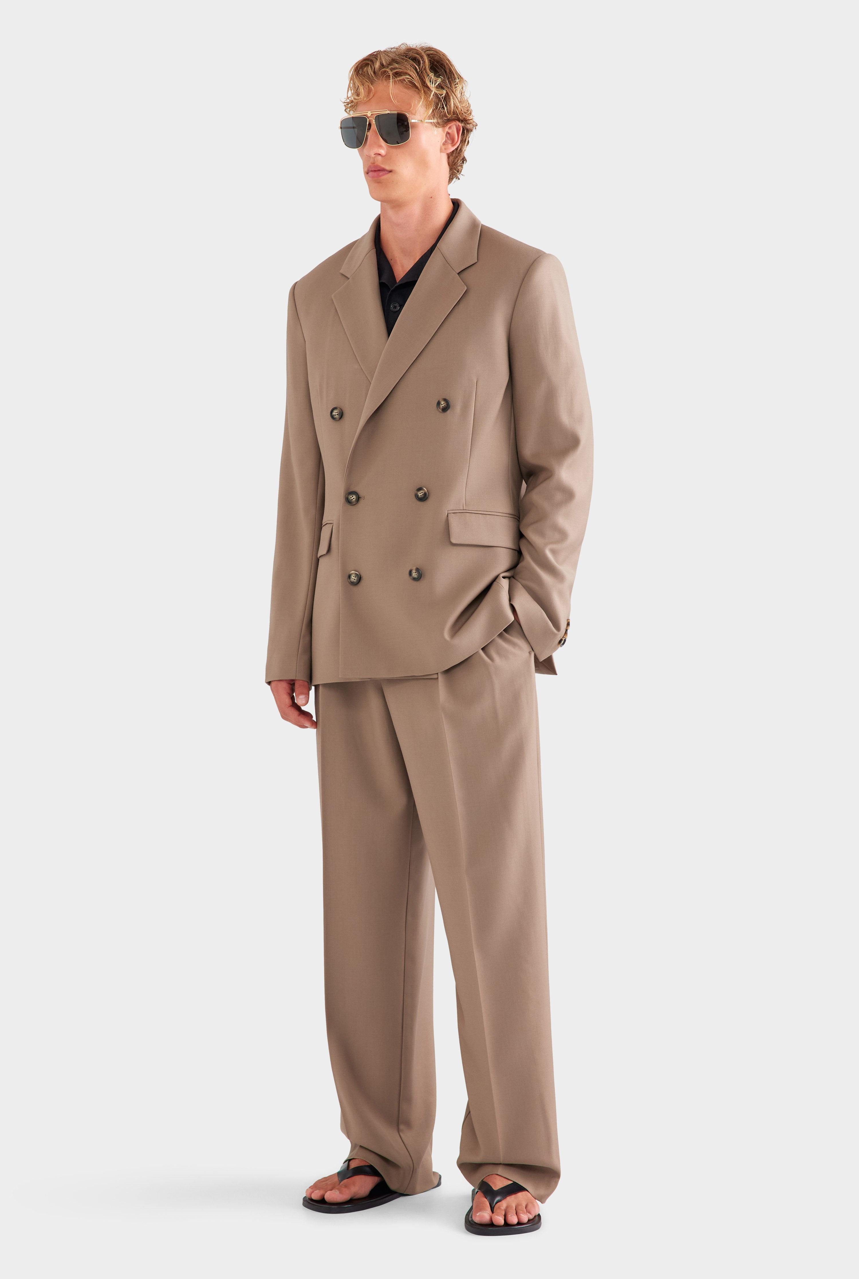 Tailored Wool Double Breasted Suit Jacket - Taupe Brown