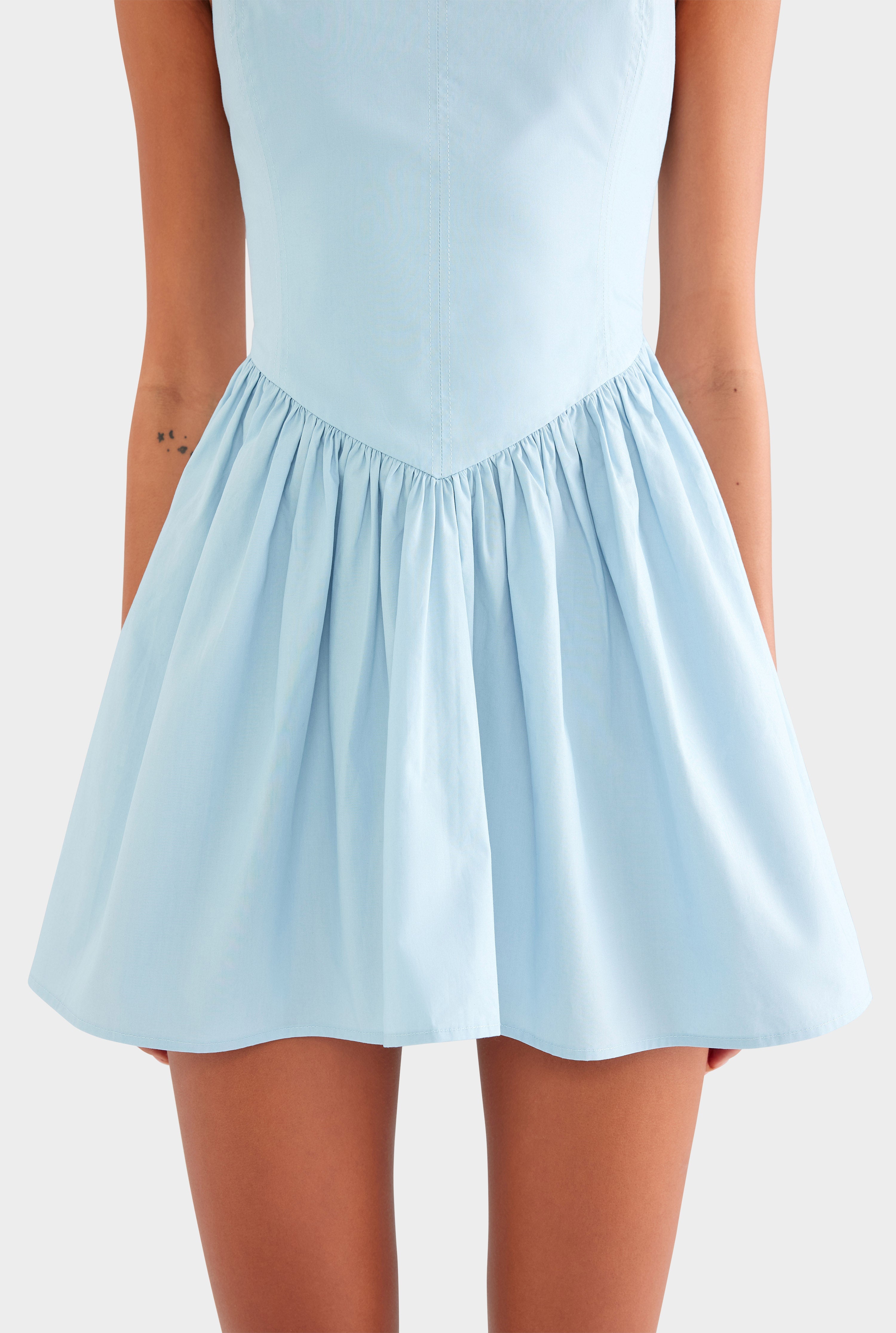 V Waist Cotton Mini Dress - Powder Blue