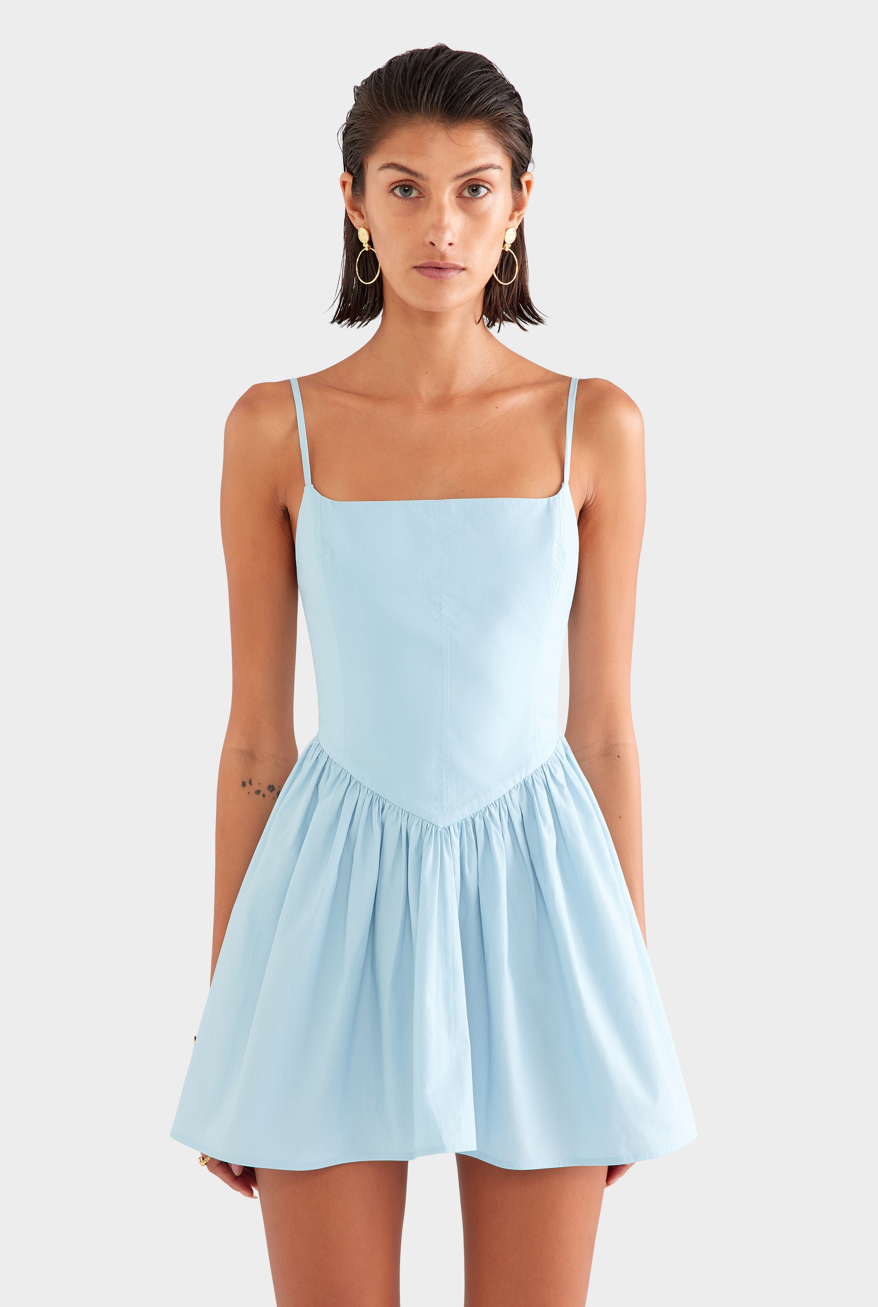V Waist Cotton Mini Dress - Powder Blue