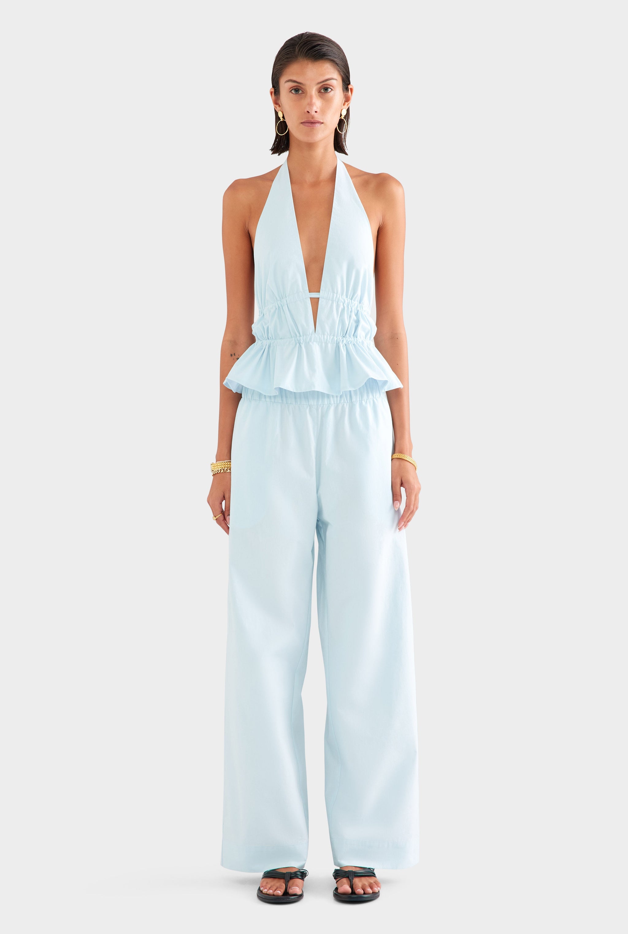 Cotton Poplin Halter Top - Pale Blue
