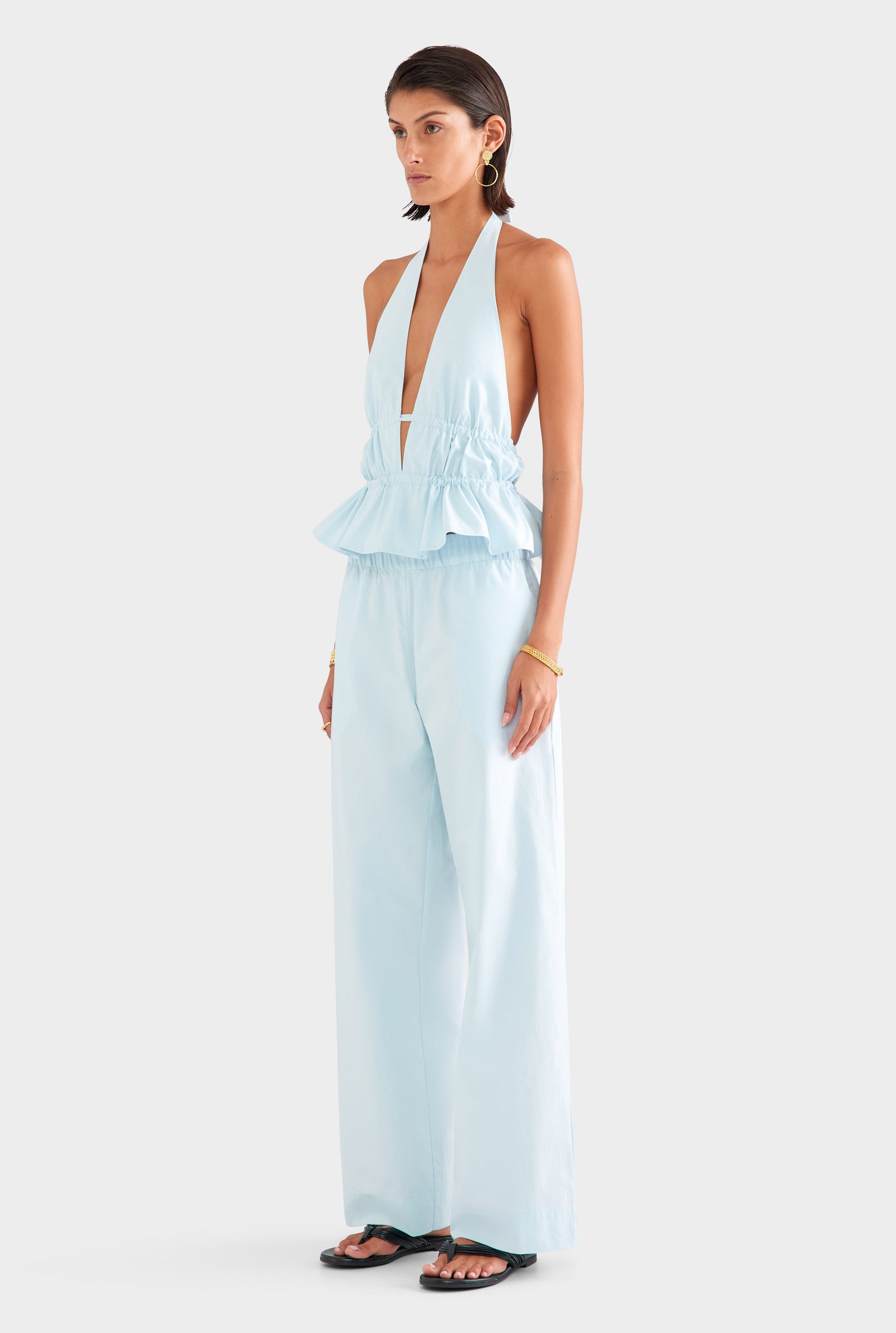 Cotton Poplin Halter Top - Pale Blue