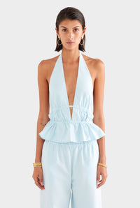 Cotton Poplin Halter Top - Pale Blue