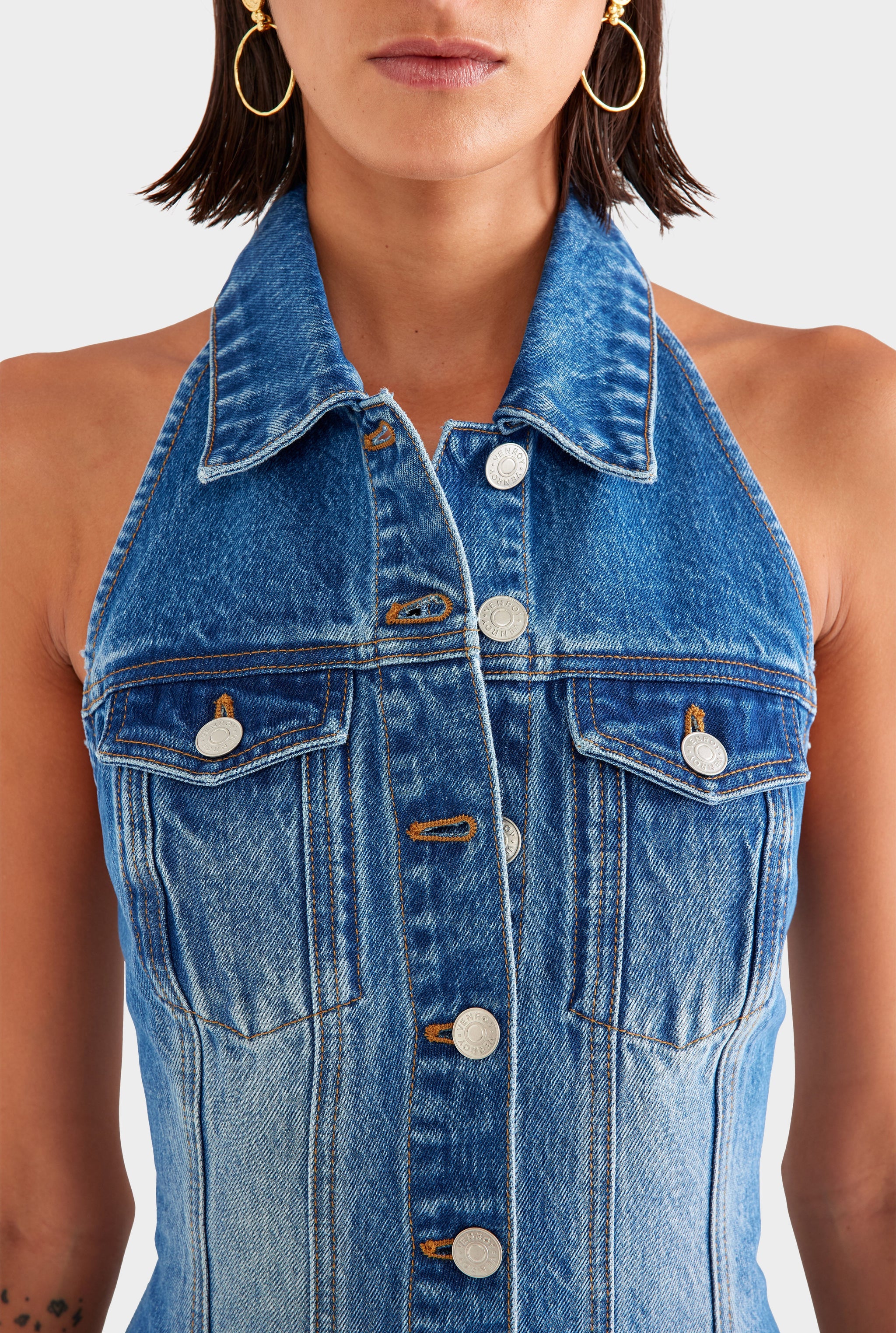 Denim Halter Dress - Mid Indigo