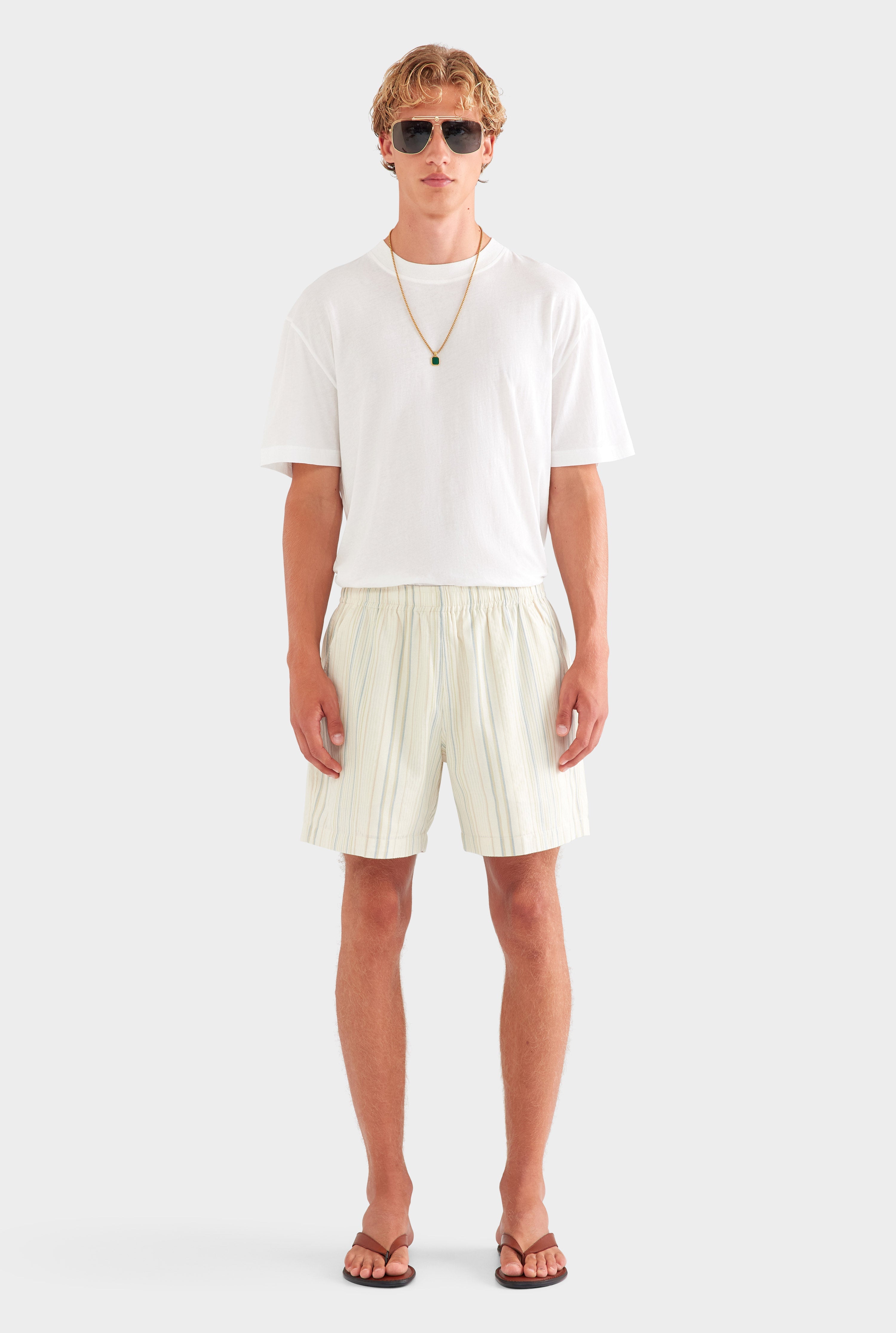 Woven Stripe Lounge Short - Off White/Blue/Taupe Stripe