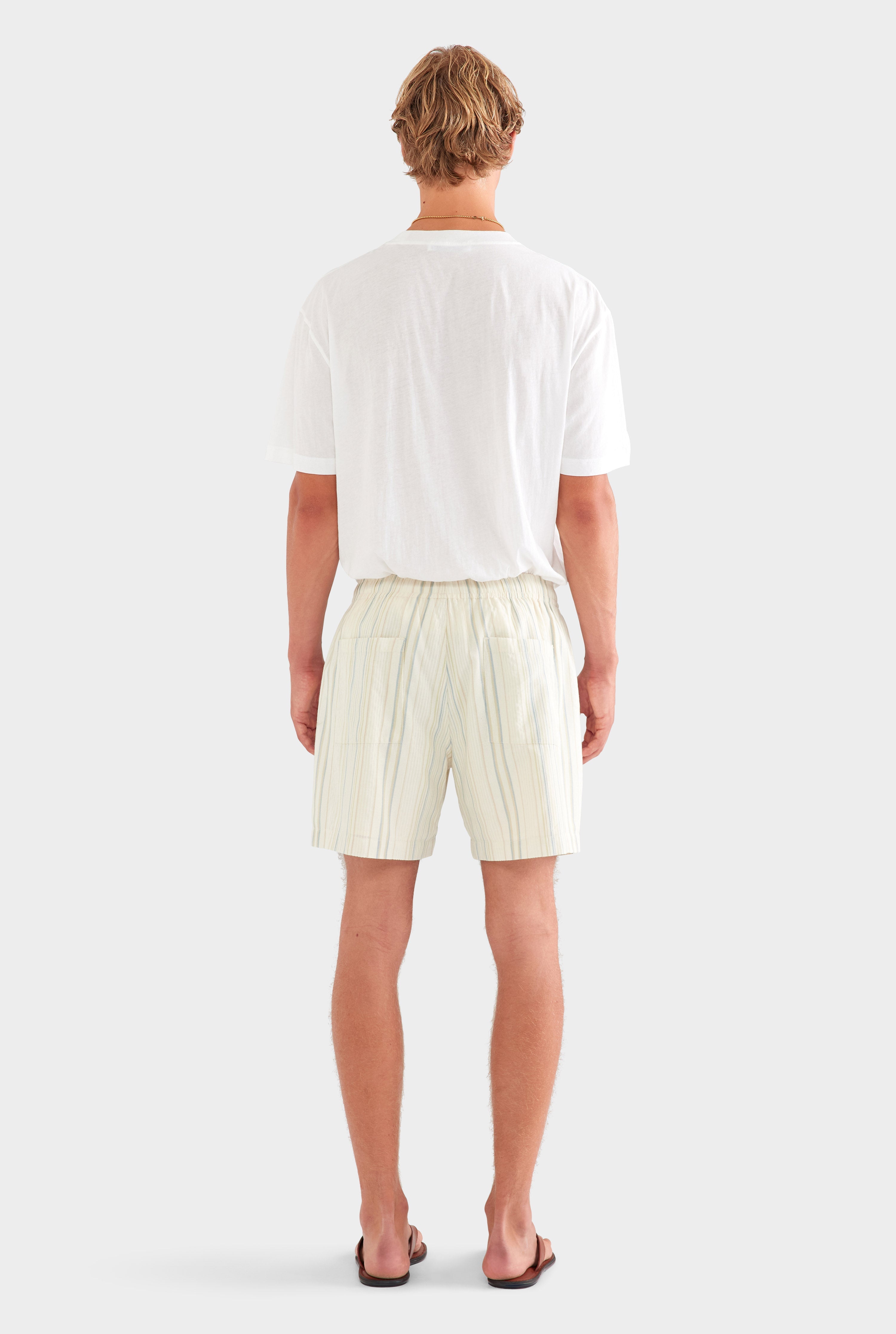 Woven Stripe Lounge Short - Off White/Blue/Taupe Stripe