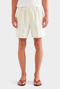 Woven Stripe Lounge Short - Off White/Blue/Taupe Stripe