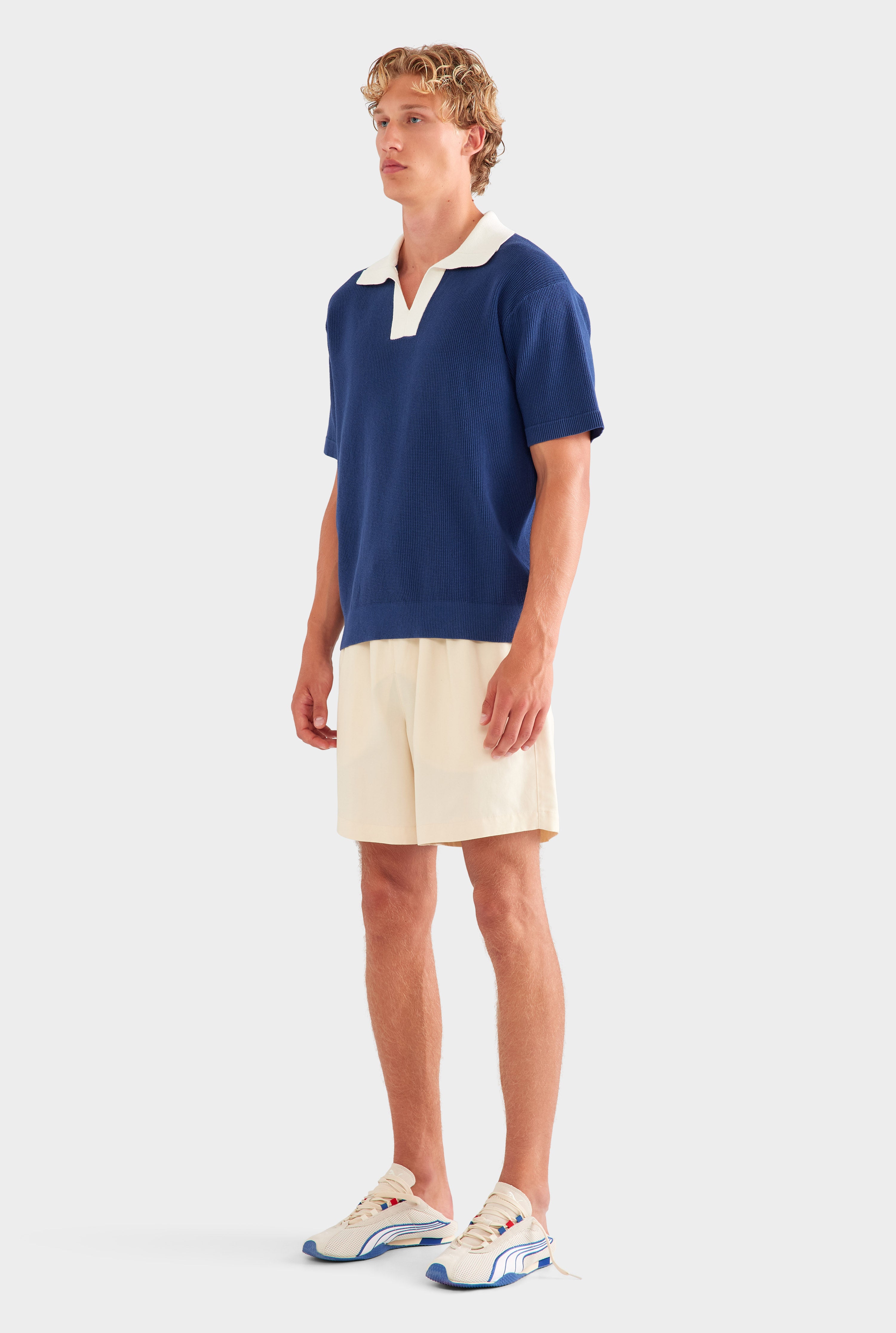 Open Neck Cotton Polo - Navy/Cream