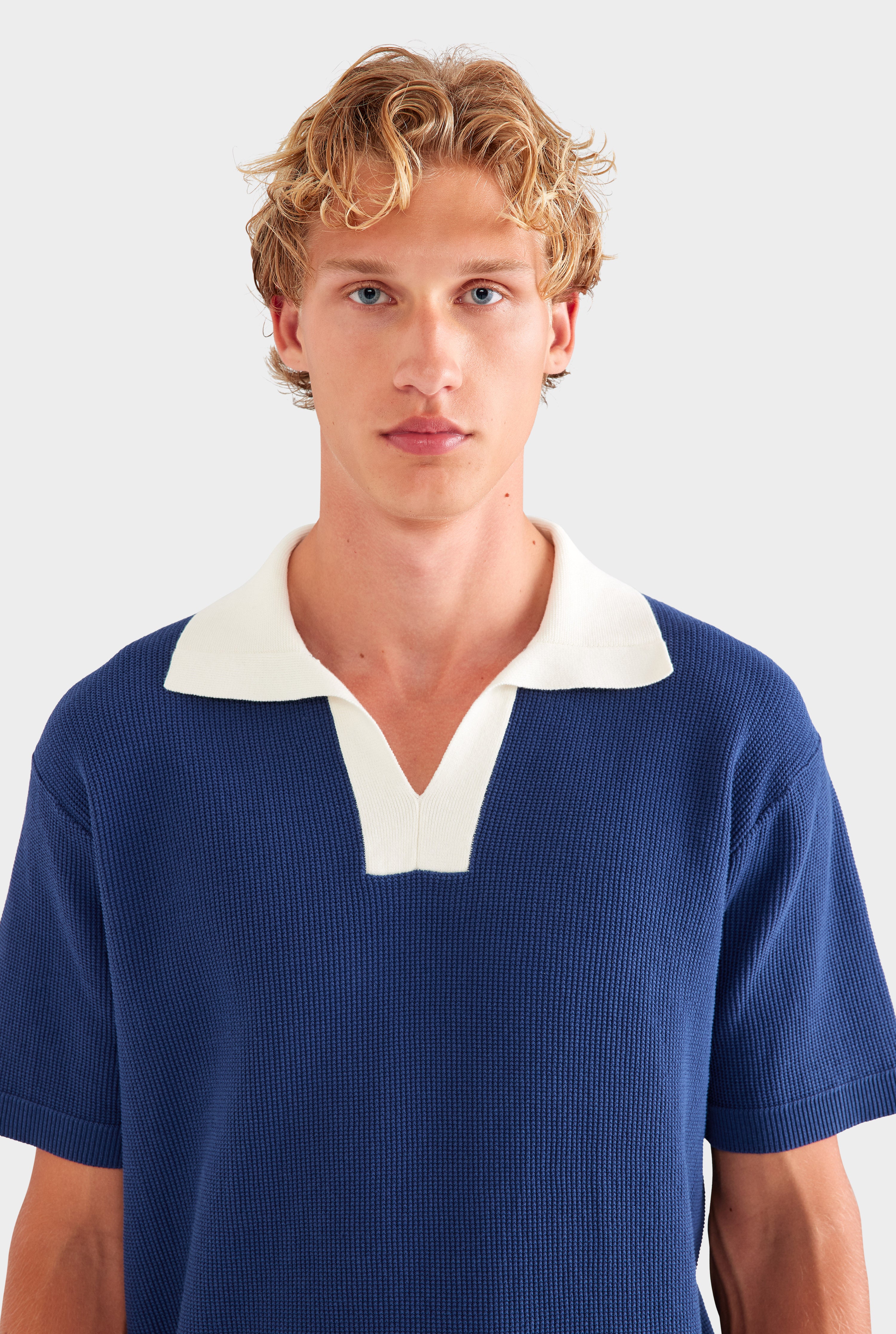 Open Neck Cotton Polo - Navy/Cream
