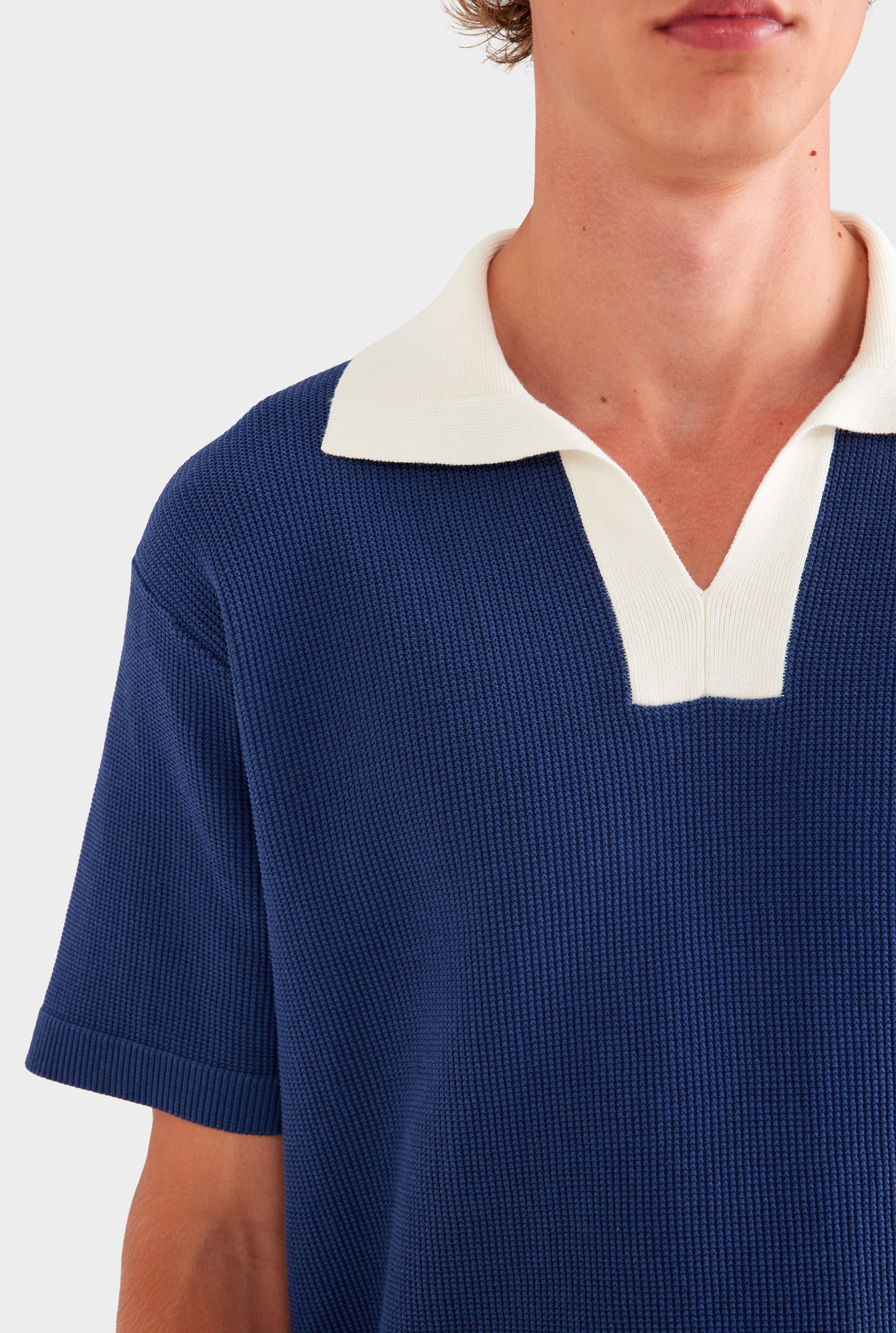 Open Neck Cotton Polo - Navy/Cream