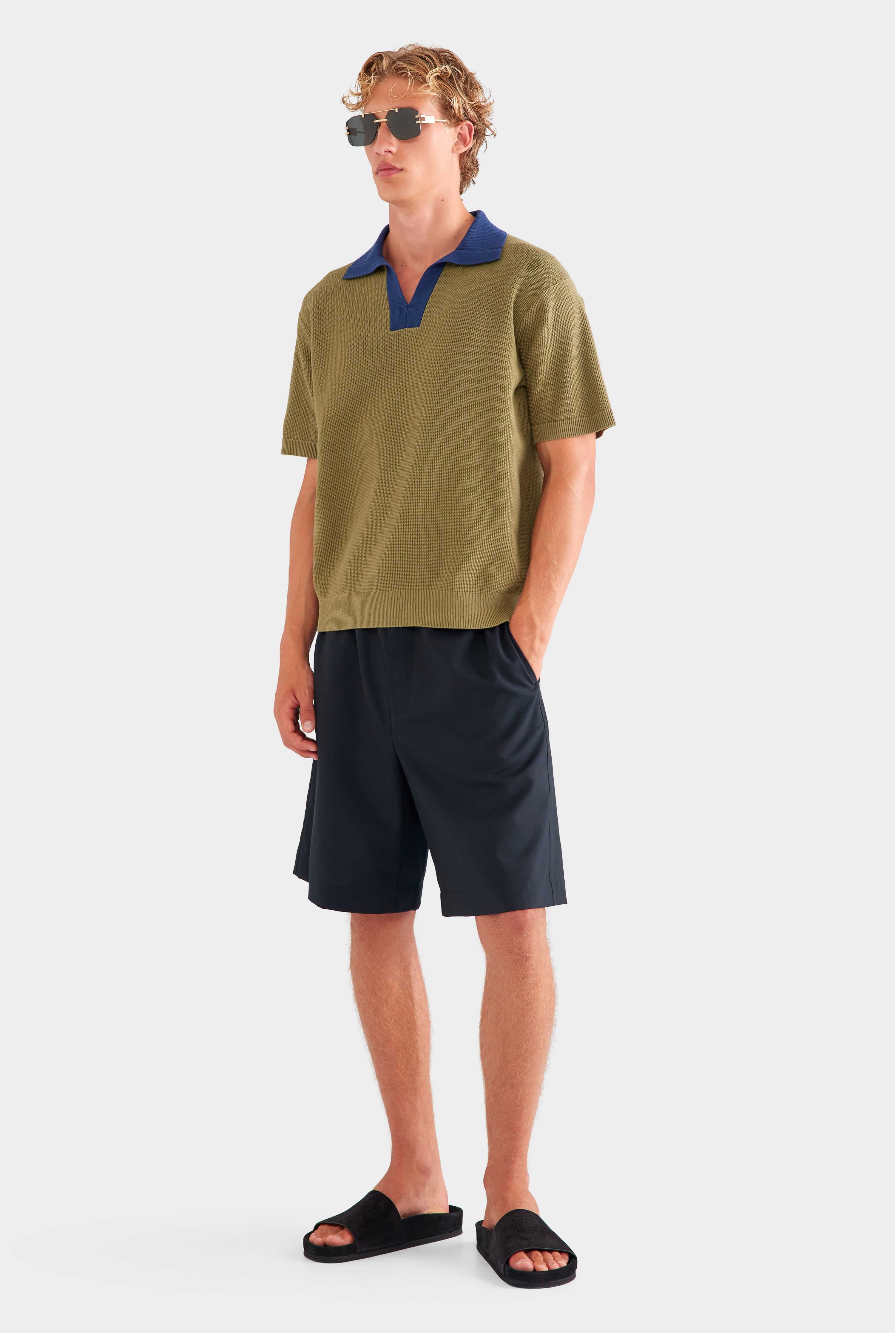 Open Neck Cotton Polo - Olive/Navy
