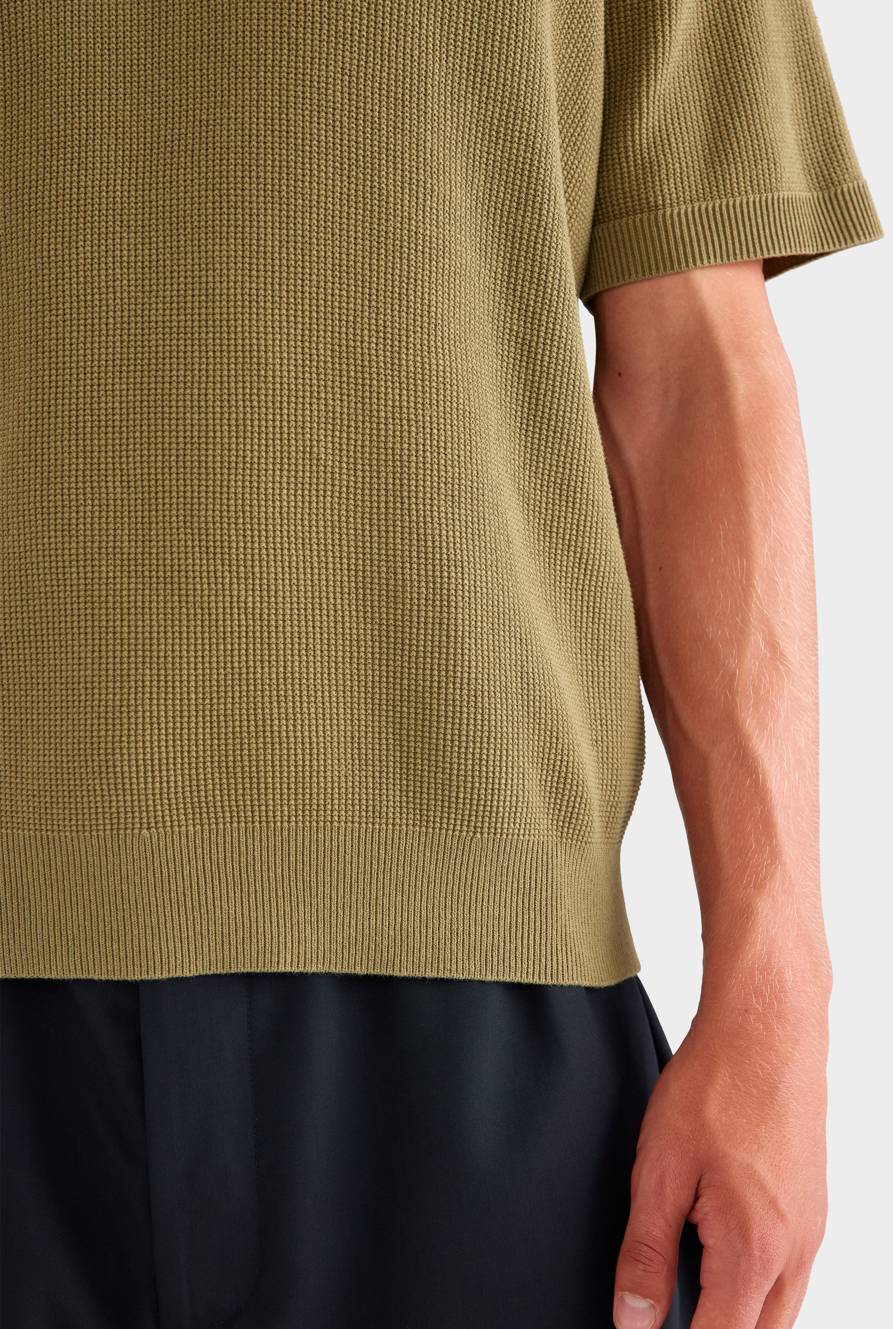 Open Neck Cotton Polo - Olive/Navy