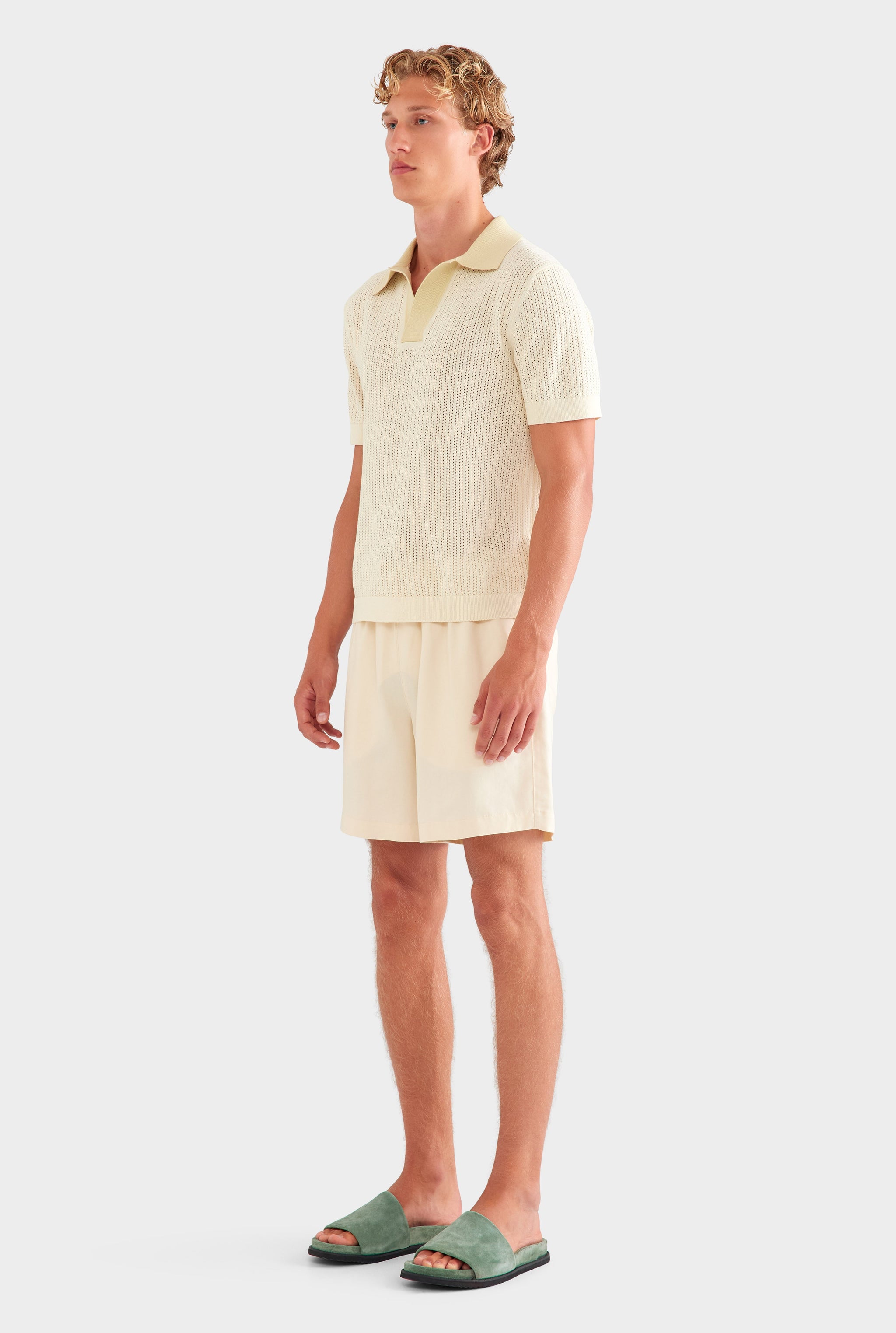 Open Stitch Knit Polo - Cream/Green Haze