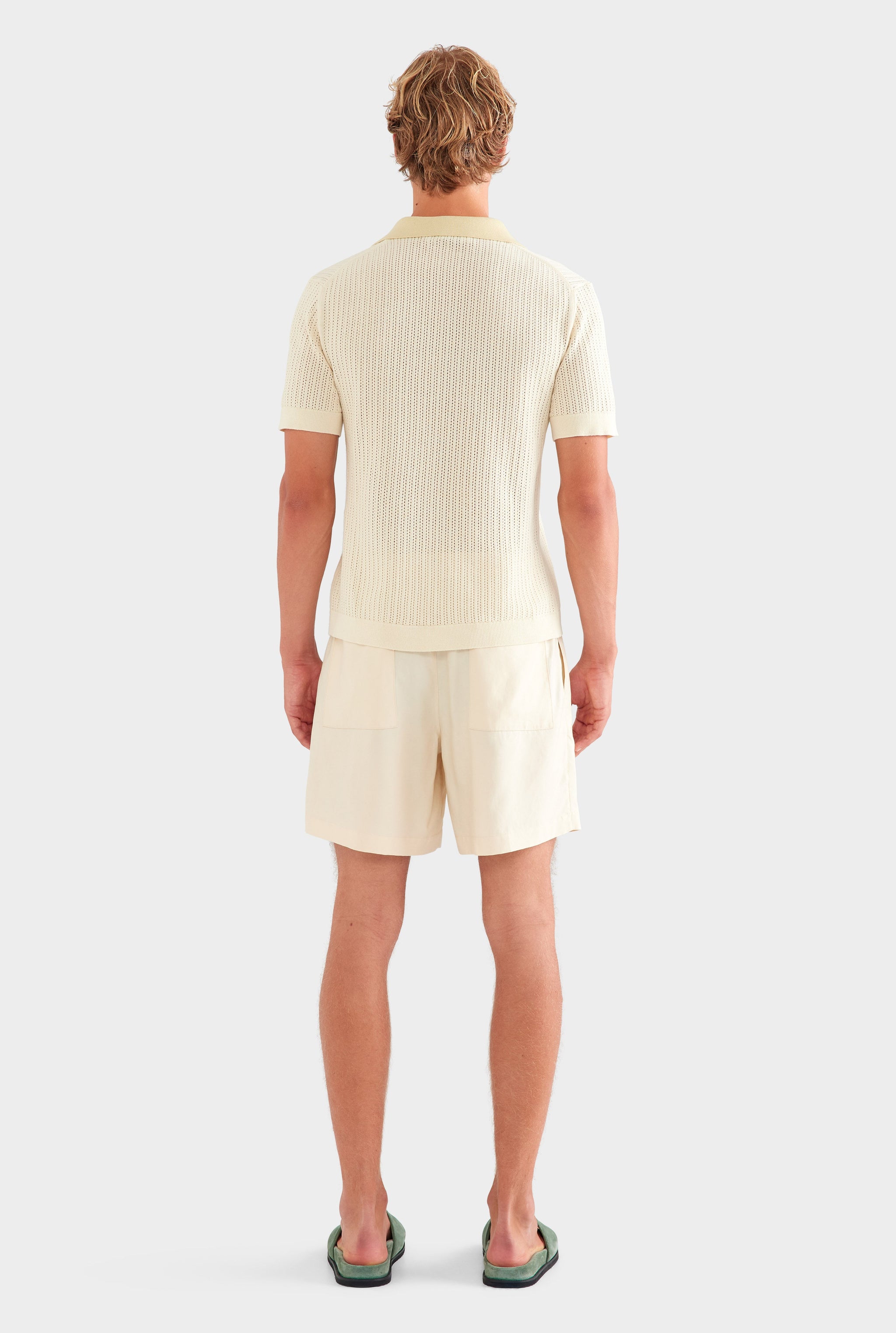 Open Stitch Knit Polo - Cream/Green Haze