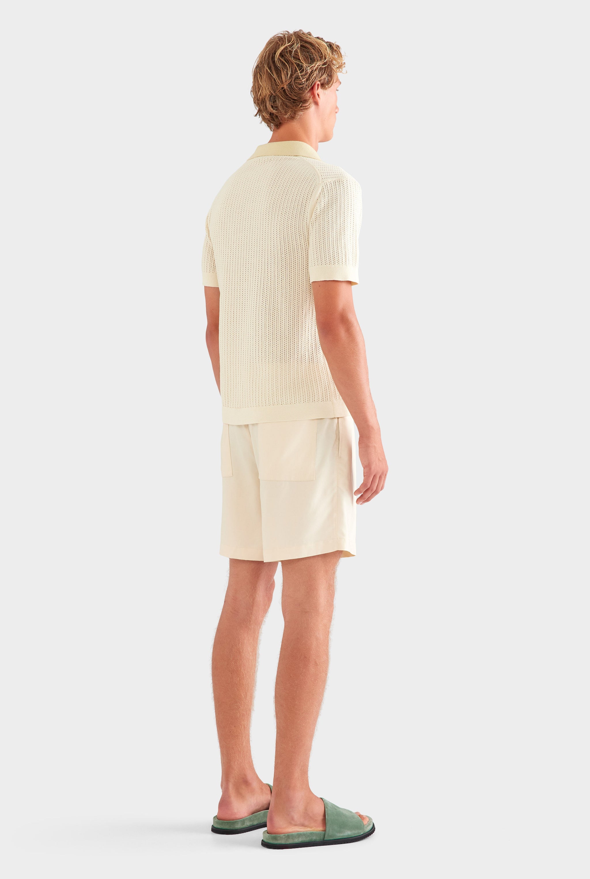 Open Stitch Knit Polo - Cream/Green Haze