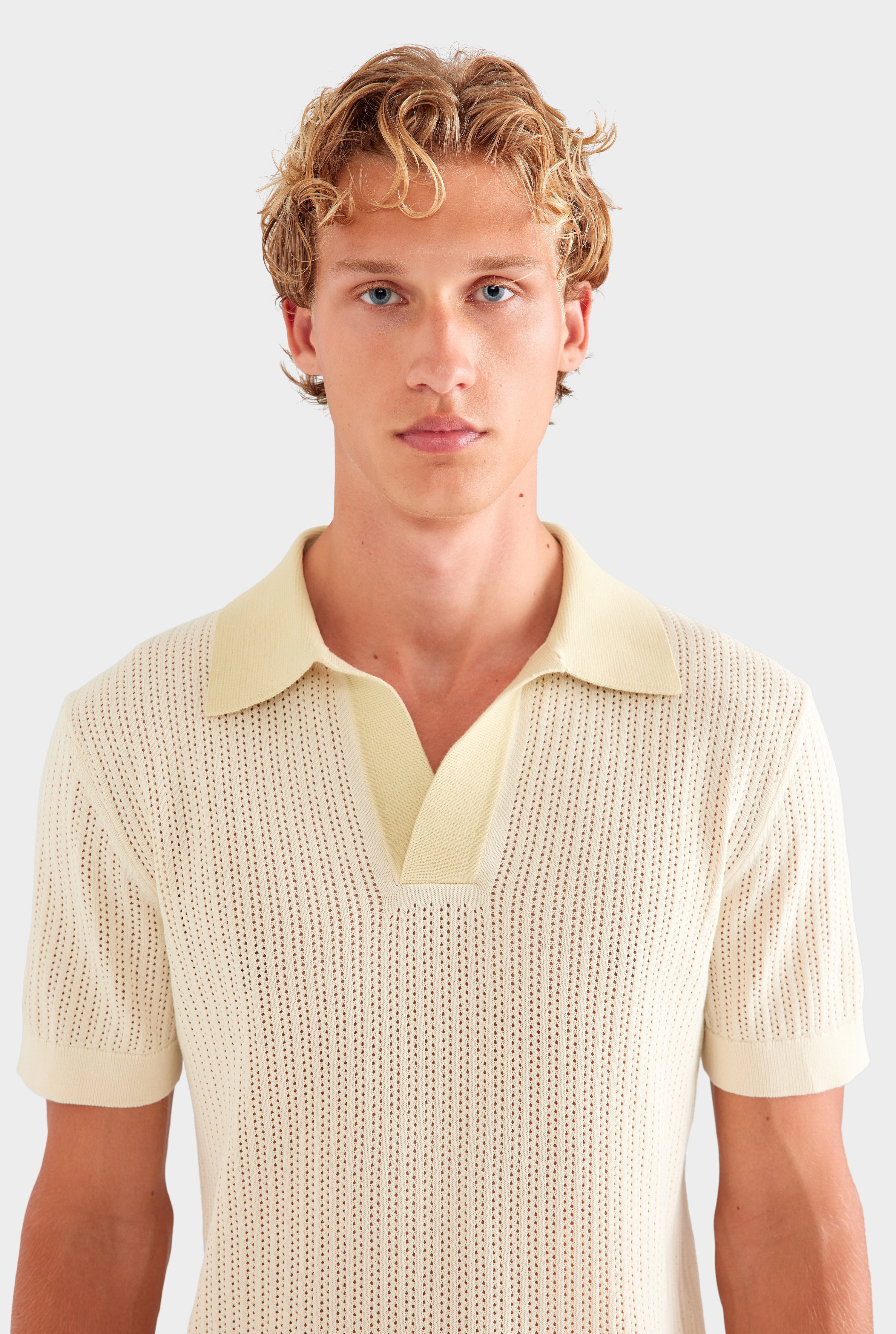Open Stitch Knit Polo - Cream/Green Haze