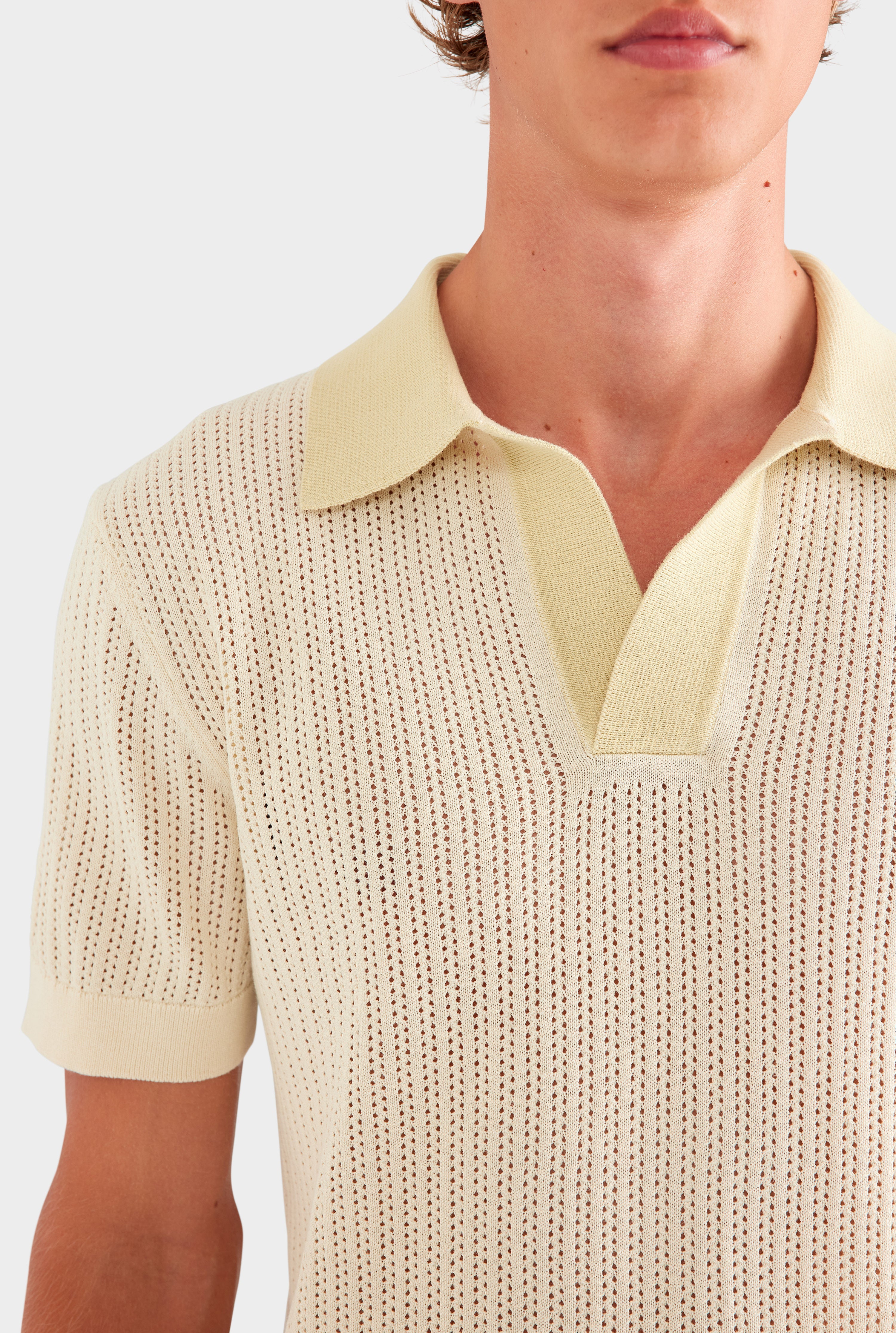 Open Stitch Knit Polo - Cream/Green Haze