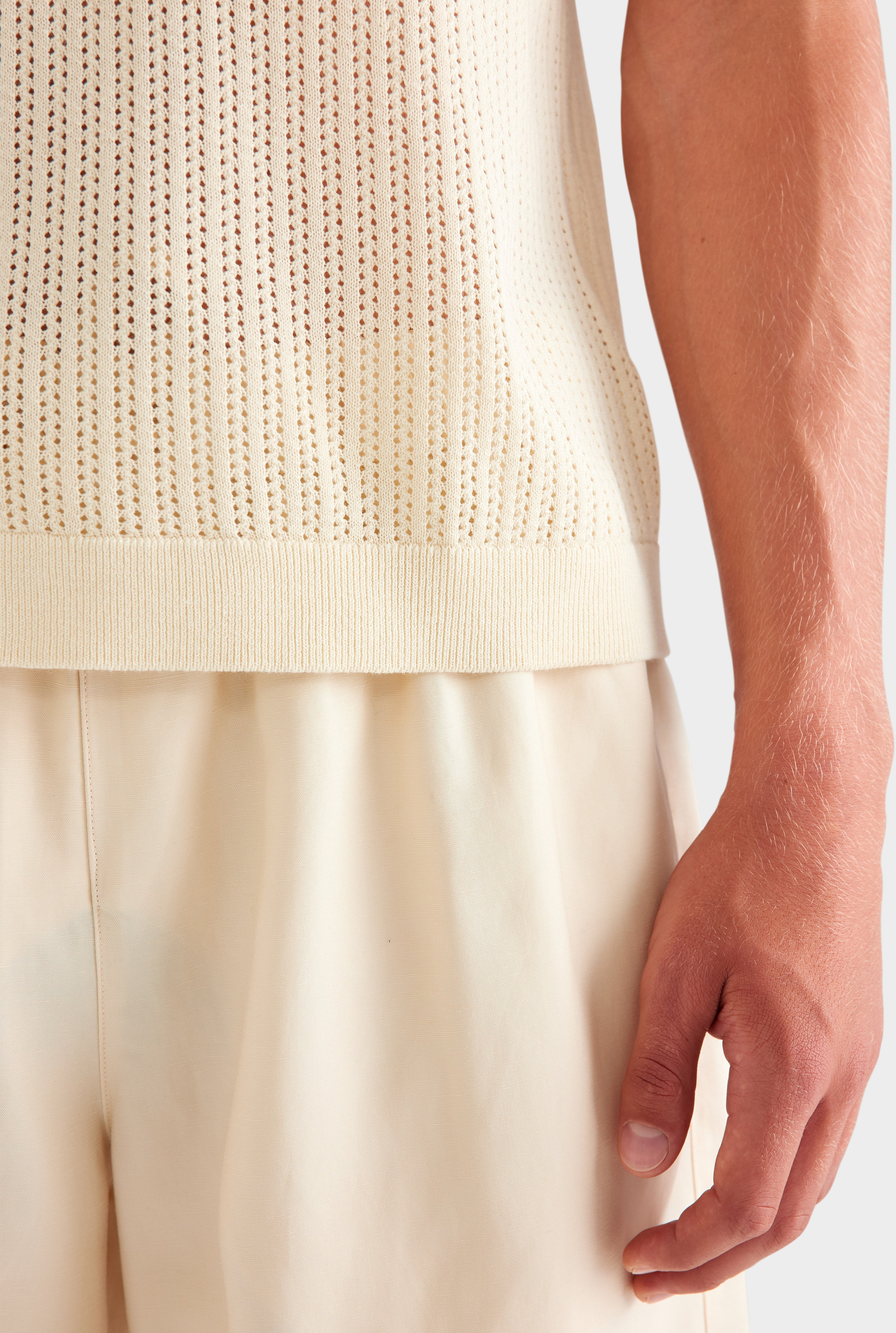 Open Stitch Knit Polo - Cream/Green Haze