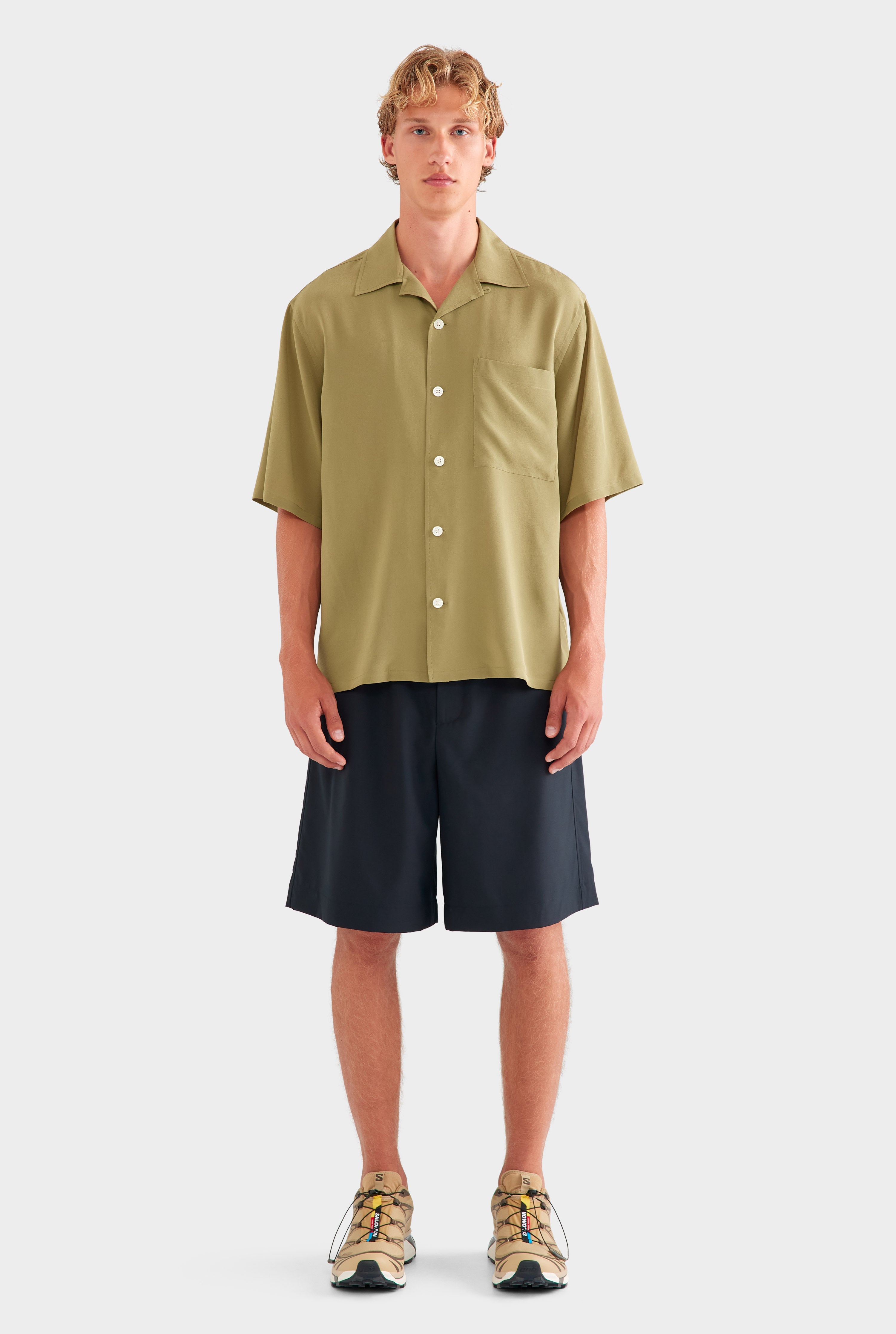 Oversized Silk Short Sleeve Shirt - Olive