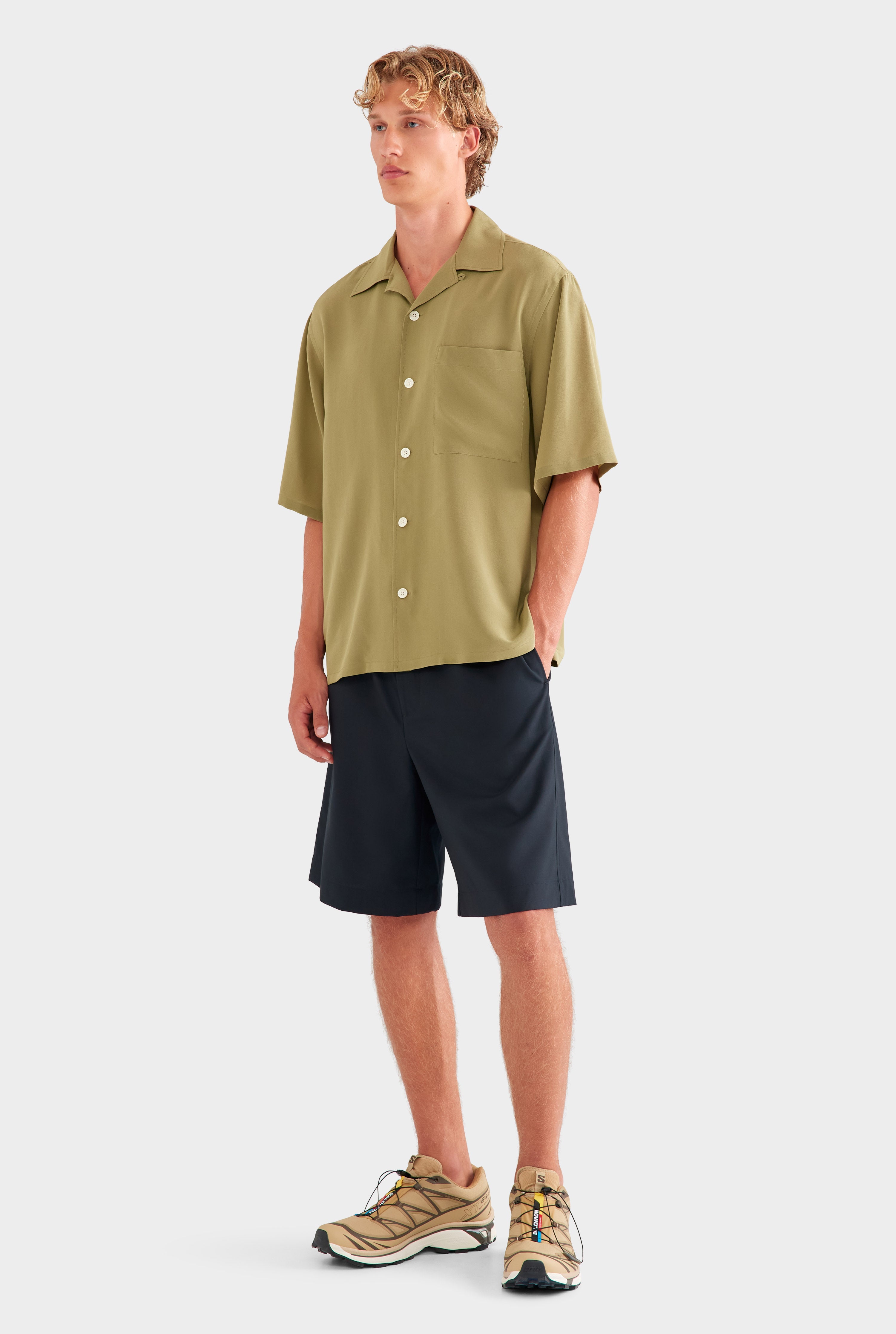 Oversized Silk Short Sleeve Shirt - Olive