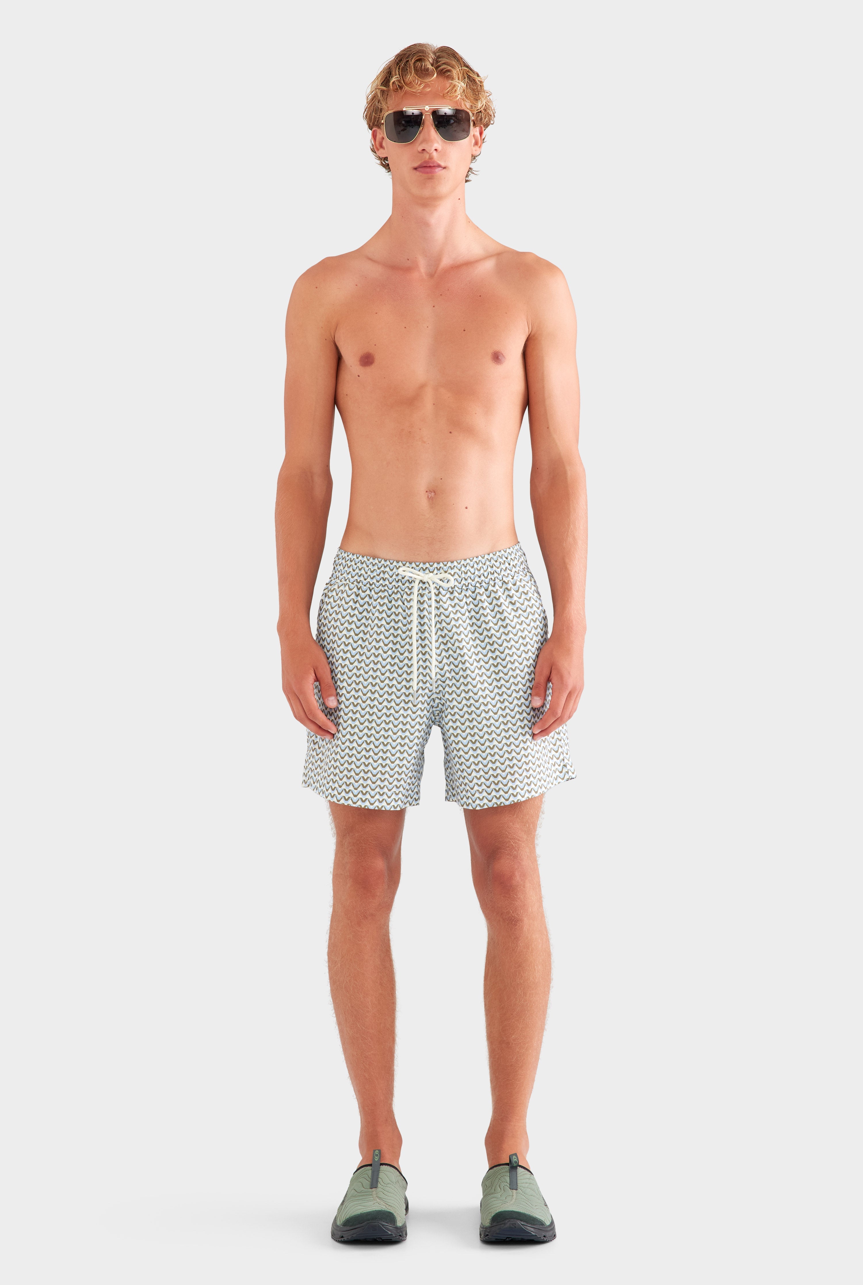 Printed Swim Short - Cream/Blue/Olive V Monogram