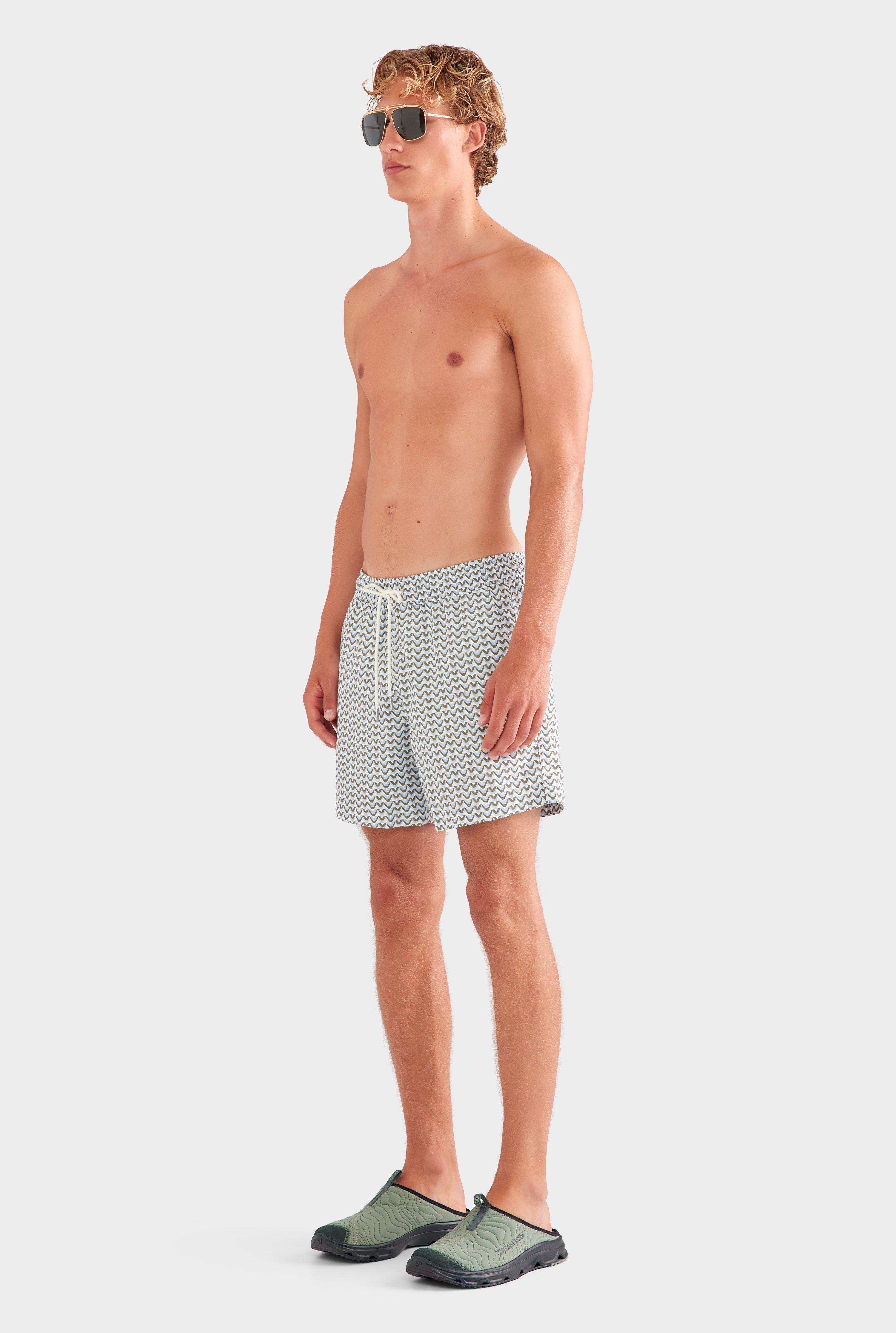 Printed Swim Short - Cream/Blue/Olive V Monogram