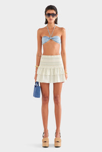Shirred Cotton Mini Skirt - Off White/Blue/Taupe Stripe