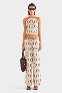 Relaxed Silk Drawstring Pant - Beige/Chocolate Painted V Monogram