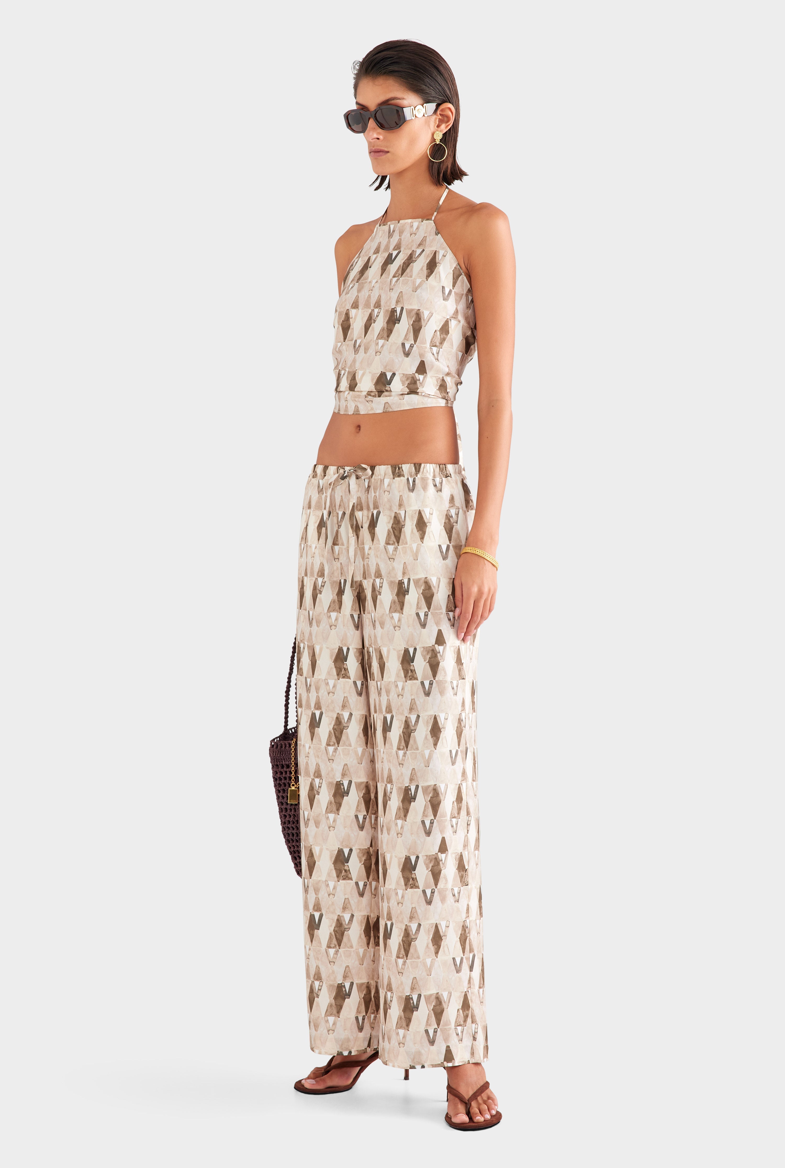 Relaxed Silk Drawstring Pant - Beige/Chocolate Painted V Monogram