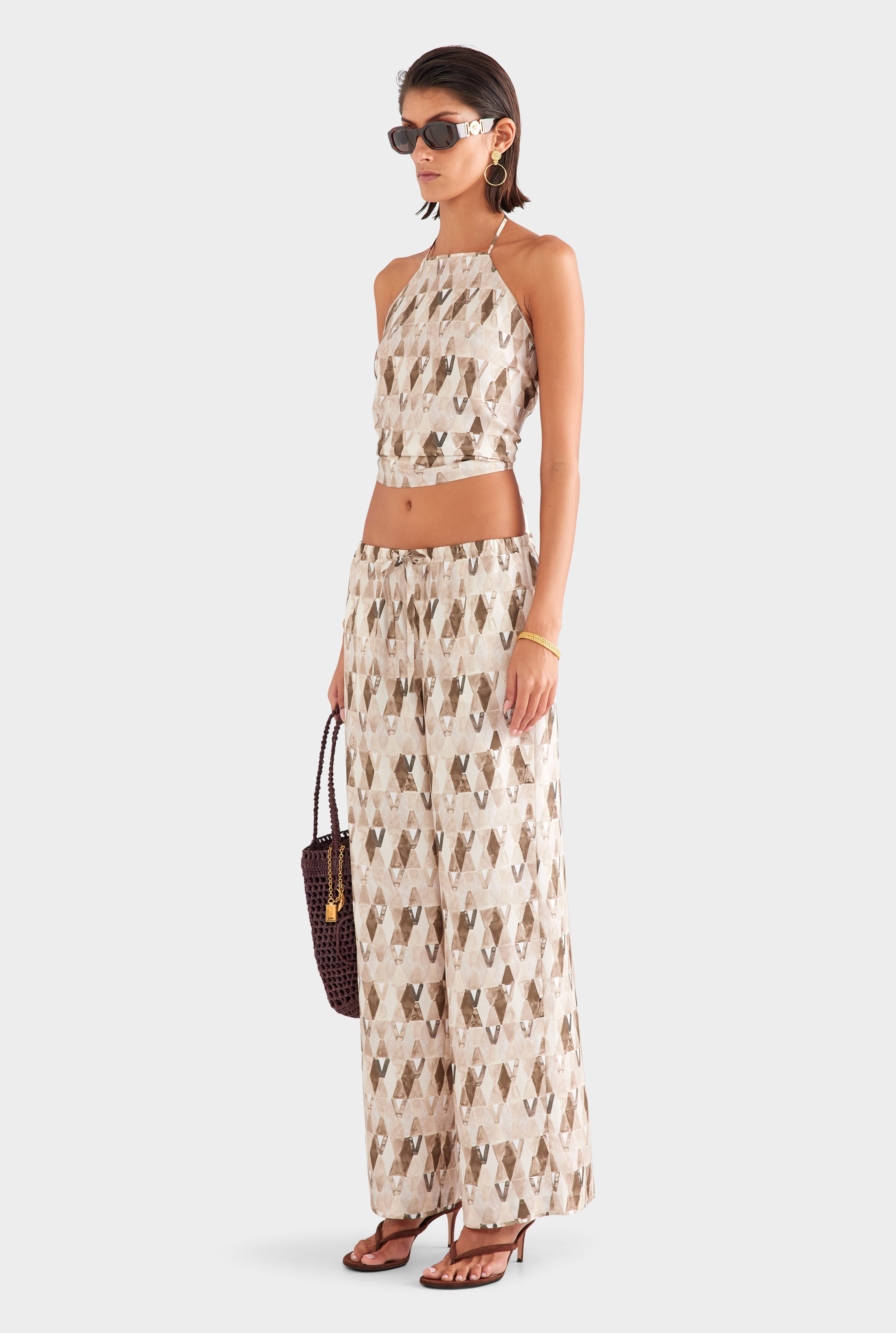 Silk Scarf Chain Halter Top - Beige/Chocolate Painted V Monogram