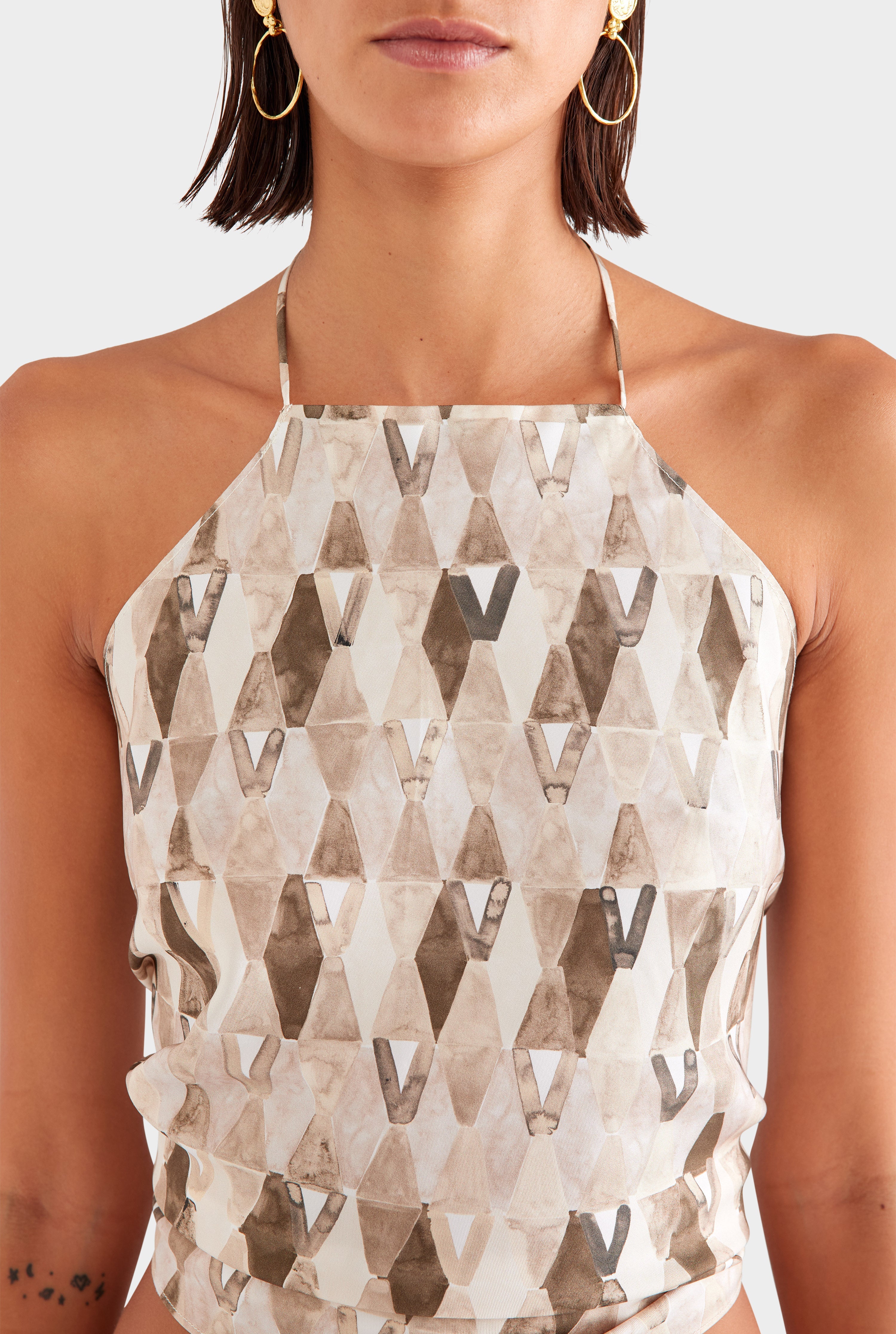 Silk Scarf Chain Halter Top - Beige/Chocolate Painted V Monogram