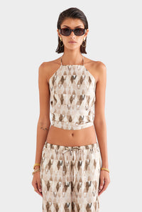 Silk Scarf Chain Halter Top - Beige/Chocolate Painted V Monogram
