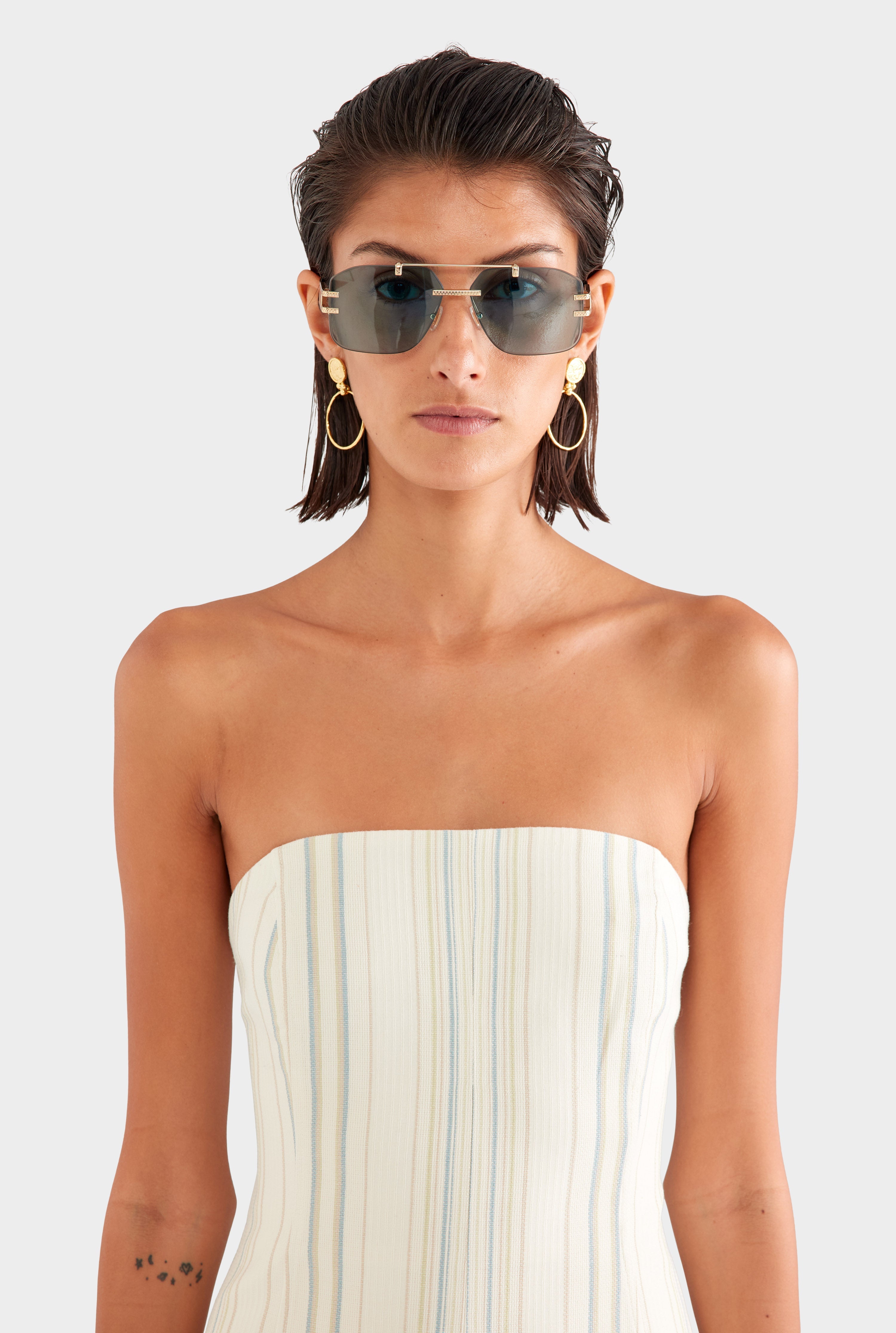 Strapless Stripe Mini Dress - Off White/Blue/Taupe Stripe