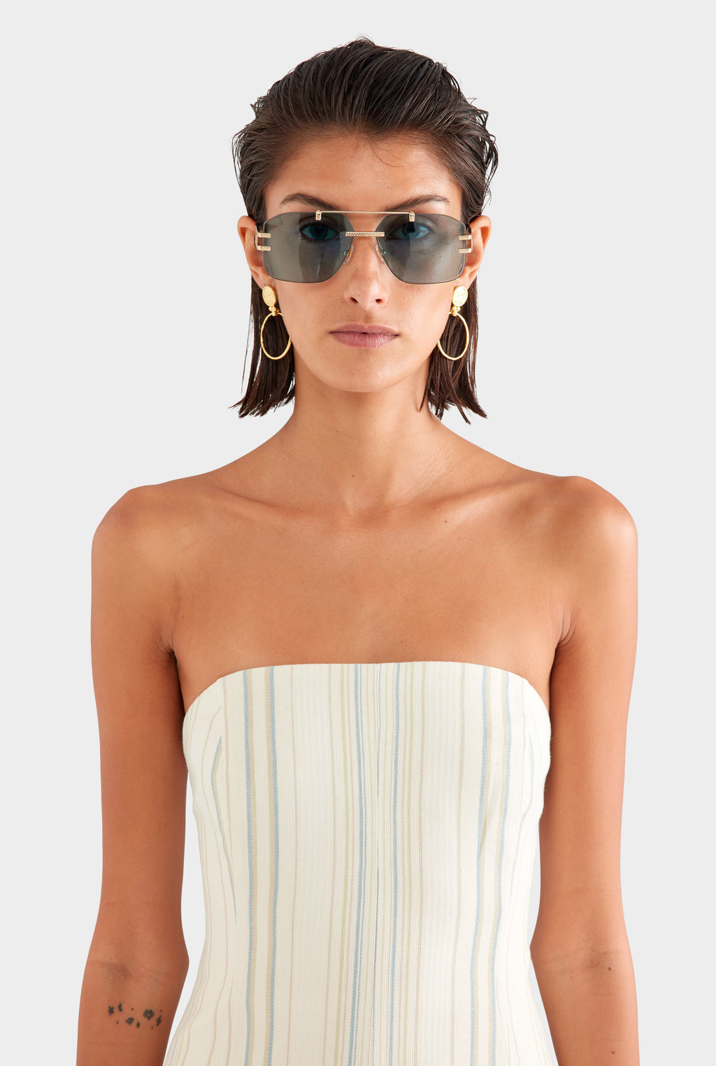 Strapless Stripe Mini Dress - Off White/Blue/Taupe Stripe